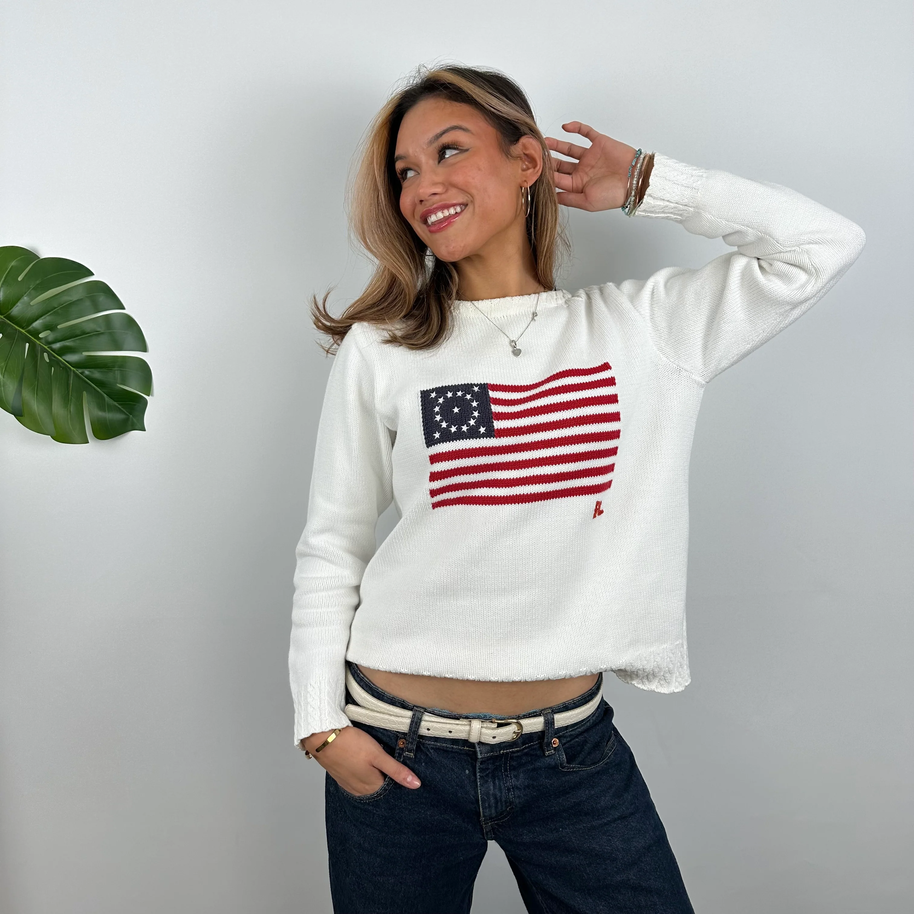Polo Ralph Lauren White Embroidered Spell Out Knitted Sweater (S)