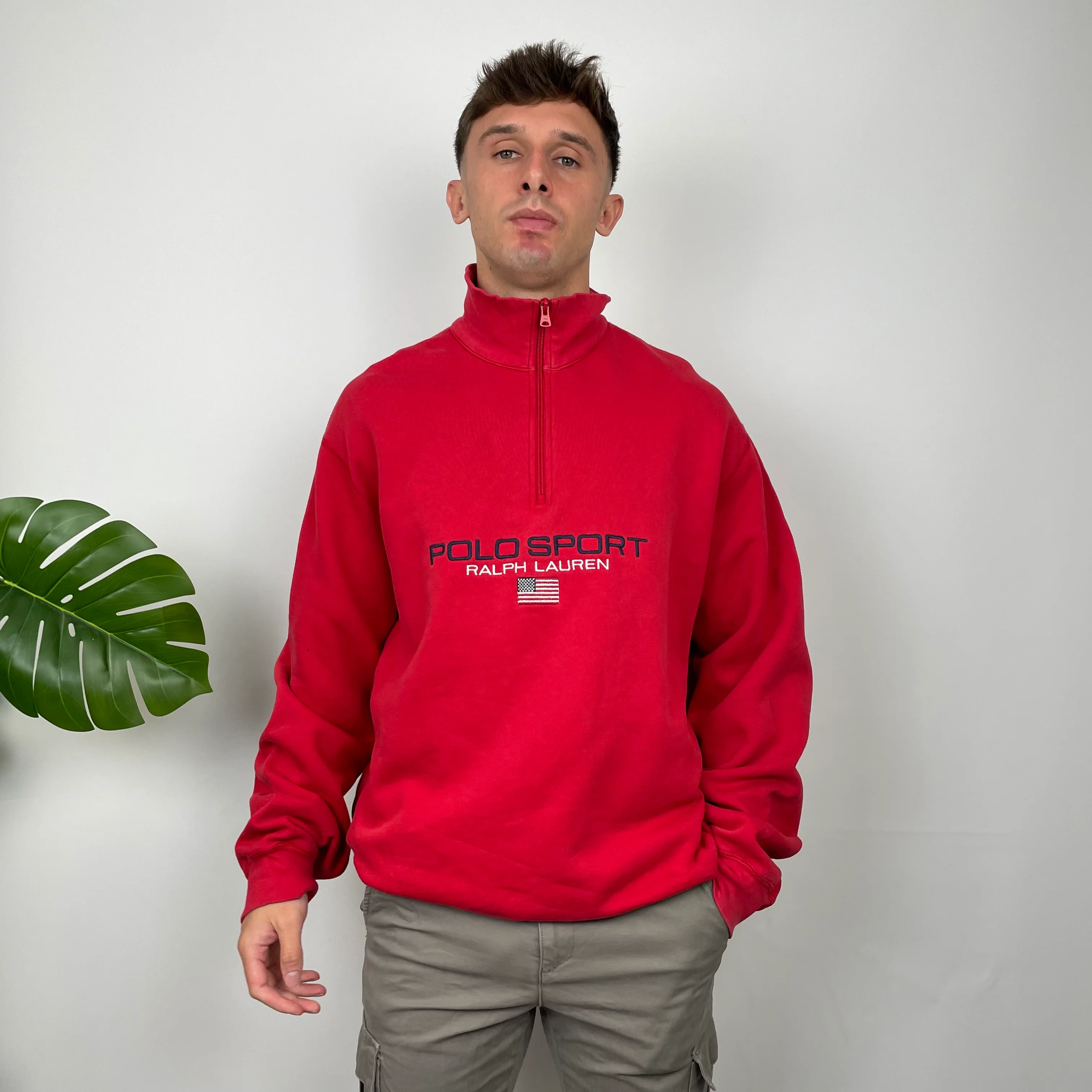 Polo Sport Ralph Lauren RARE Red Spell Out Quarter Zip Sweatshirt (XL) - Image 3