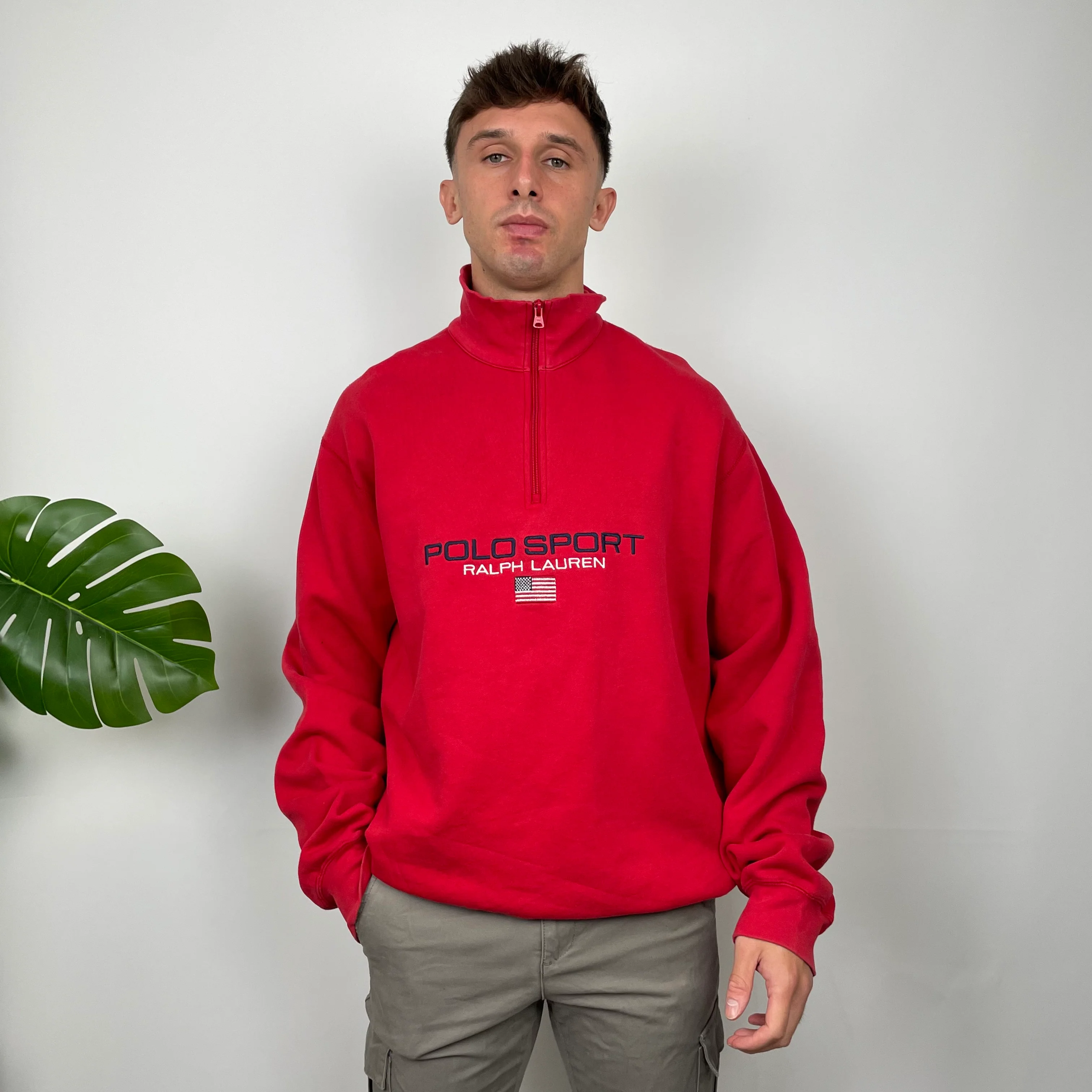Polo Sport Ralph Lauren RARE Red Spell Out Quarter Zip Sweatshirt (XL) - Image 5