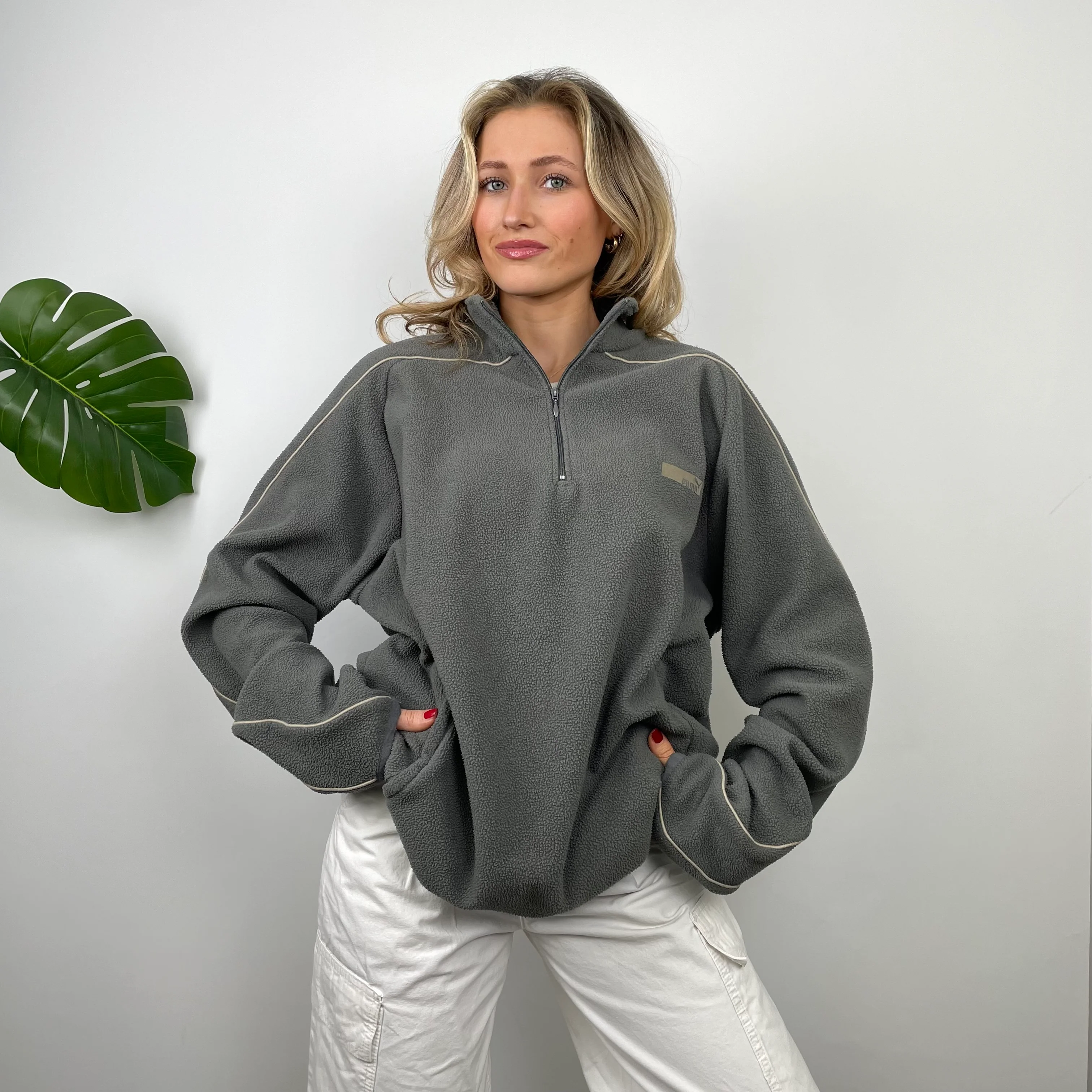 PUMA Grey Embroidered Spell Out Teddy Bear Fleece Quarter Zip Sweatshirt (L)