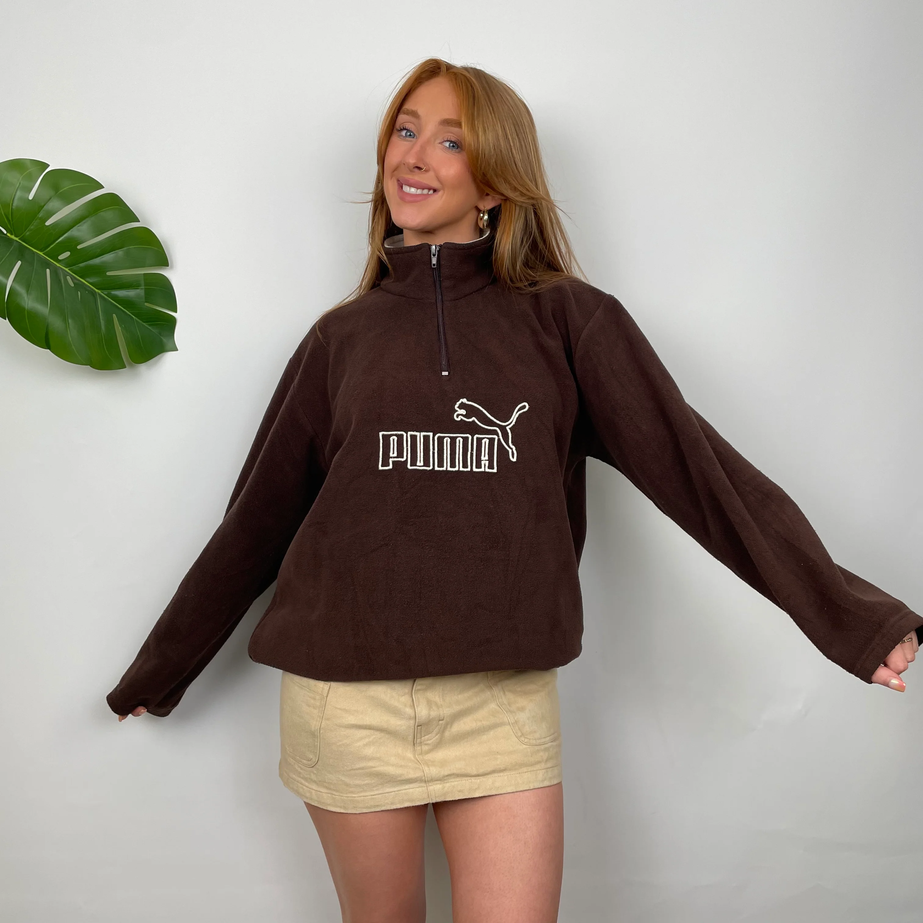 PUMA Brown Embroidered Spell Out Teddy Bear Fleece Quarter Zip Sweatshirt (M) - Image 2