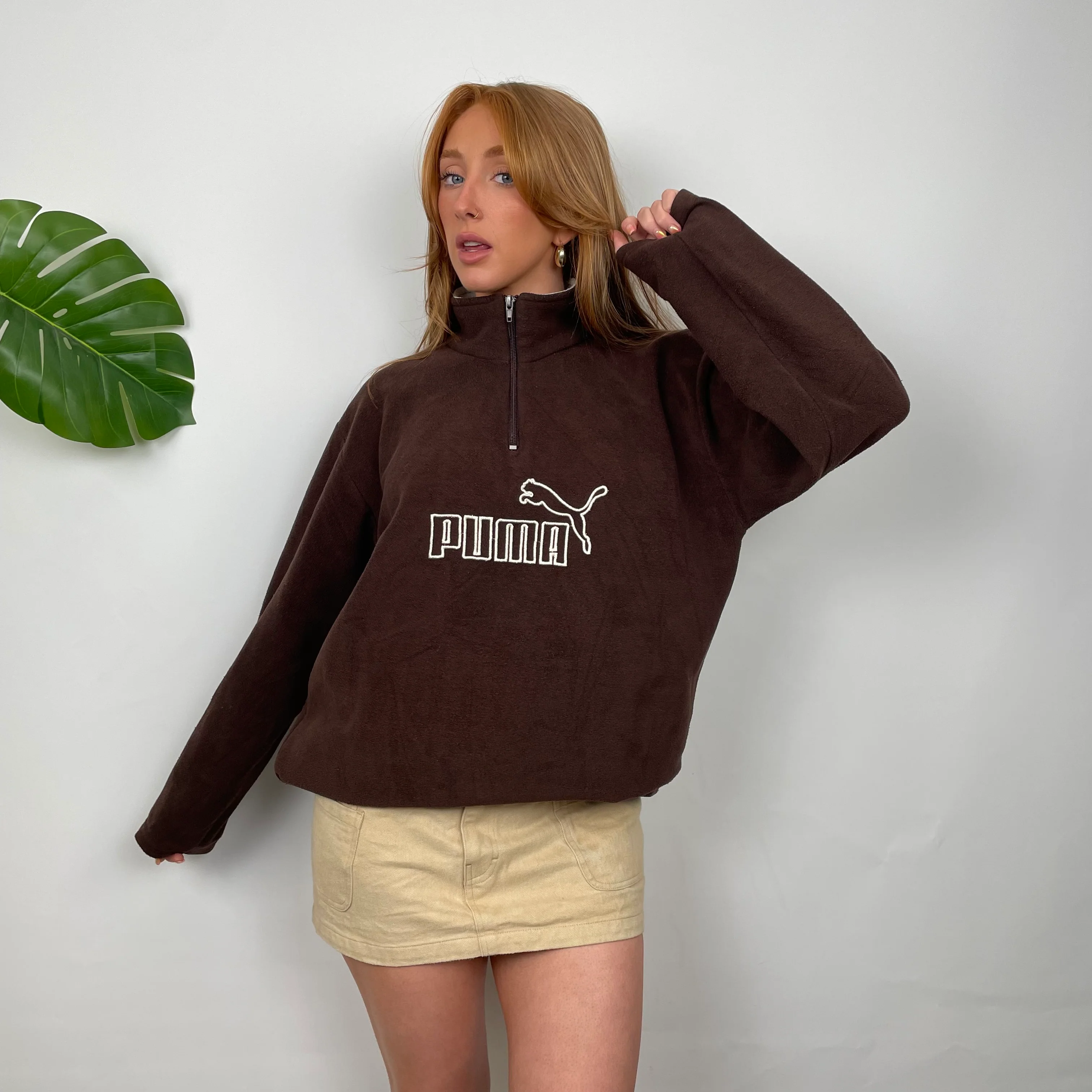 PUMA Brown Embroidered Spell Out Teddy Bear Fleece Quarter Zip Sweatshirt (M) - Image 3