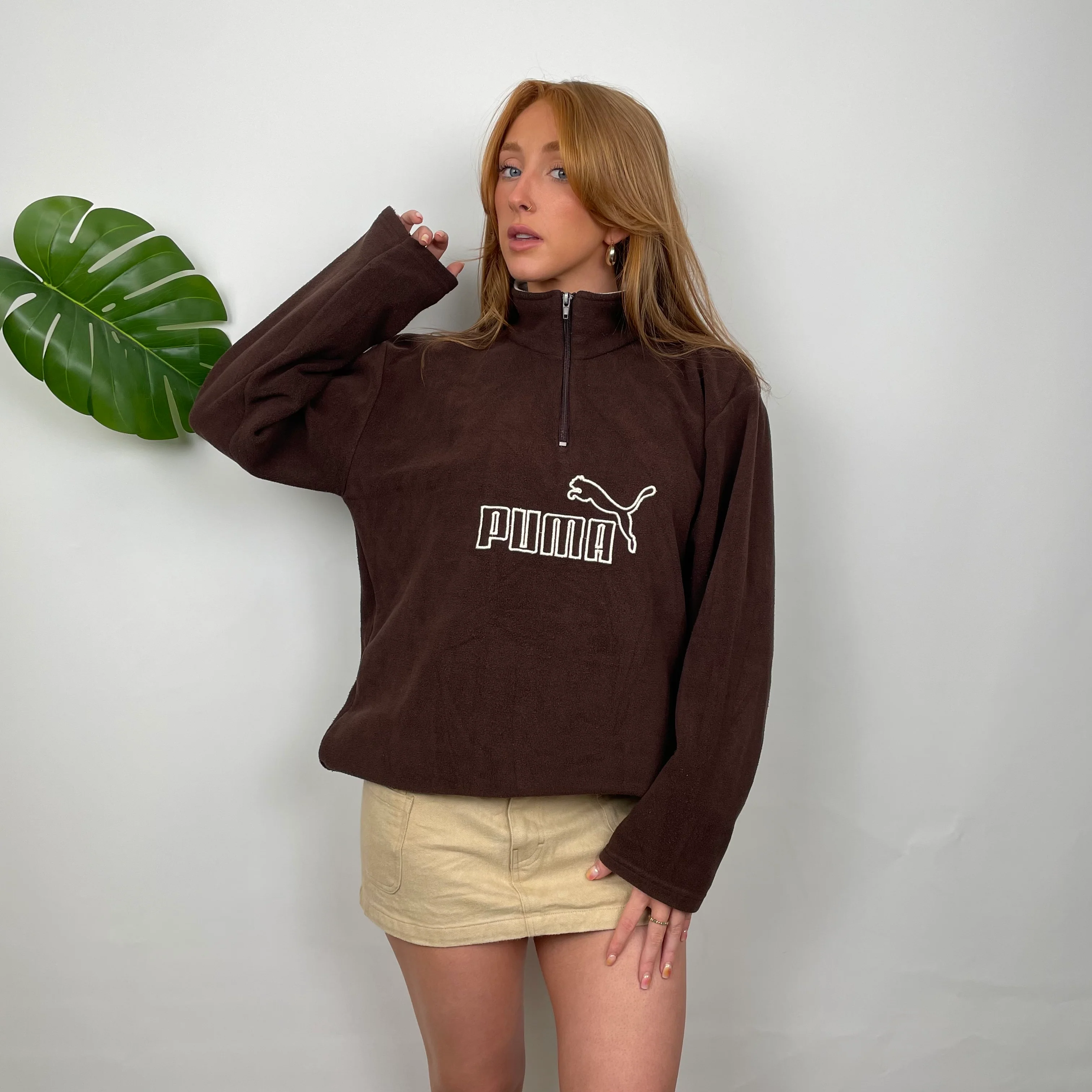 PUMA Brown Embroidered Spell Out Teddy Bear Fleece Quarter Zip Sweatshirt (M) - Image 4