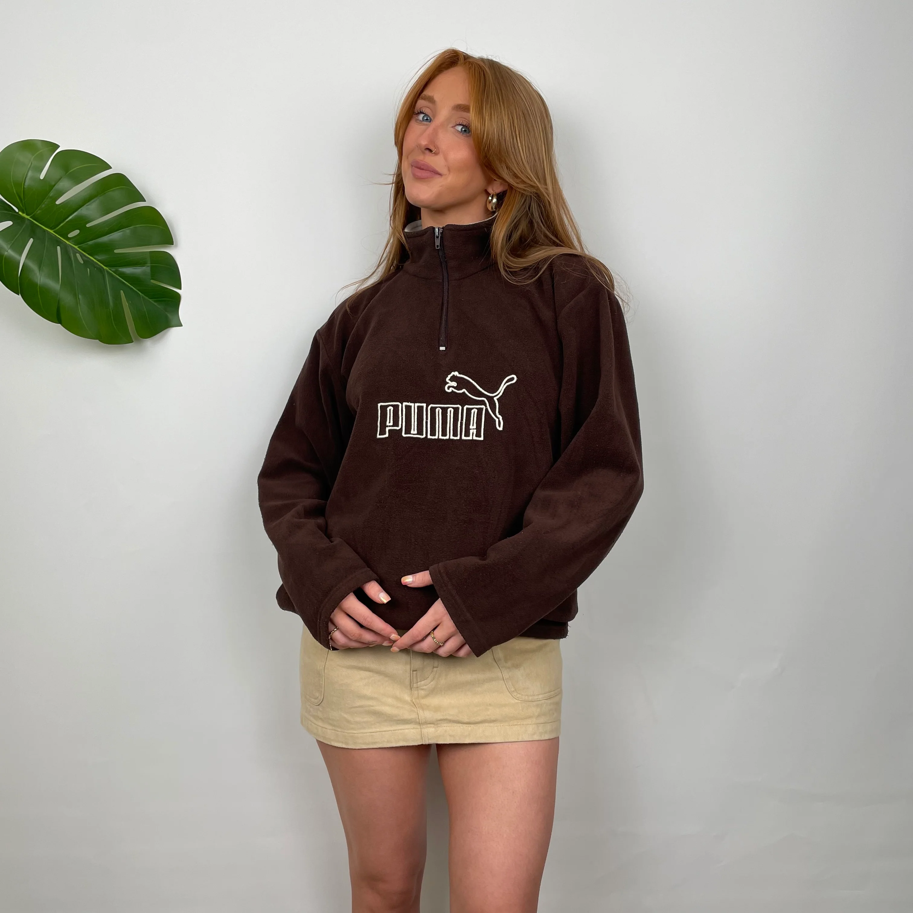 PUMA Brown Embroidered Spell Out Teddy Bear Fleece Quarter Zip Sweatshirt (M) - Image 5