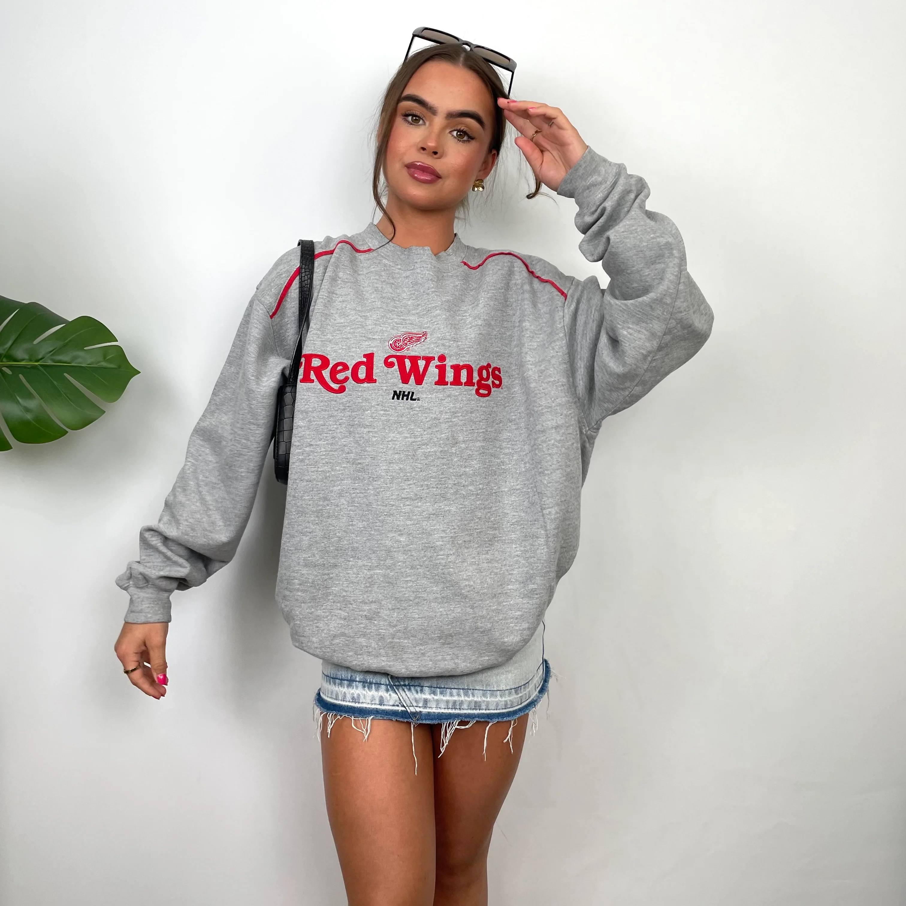 Red Wings NHL Grey Embroidered Spell Out Sweatshirt (L) - Image 6