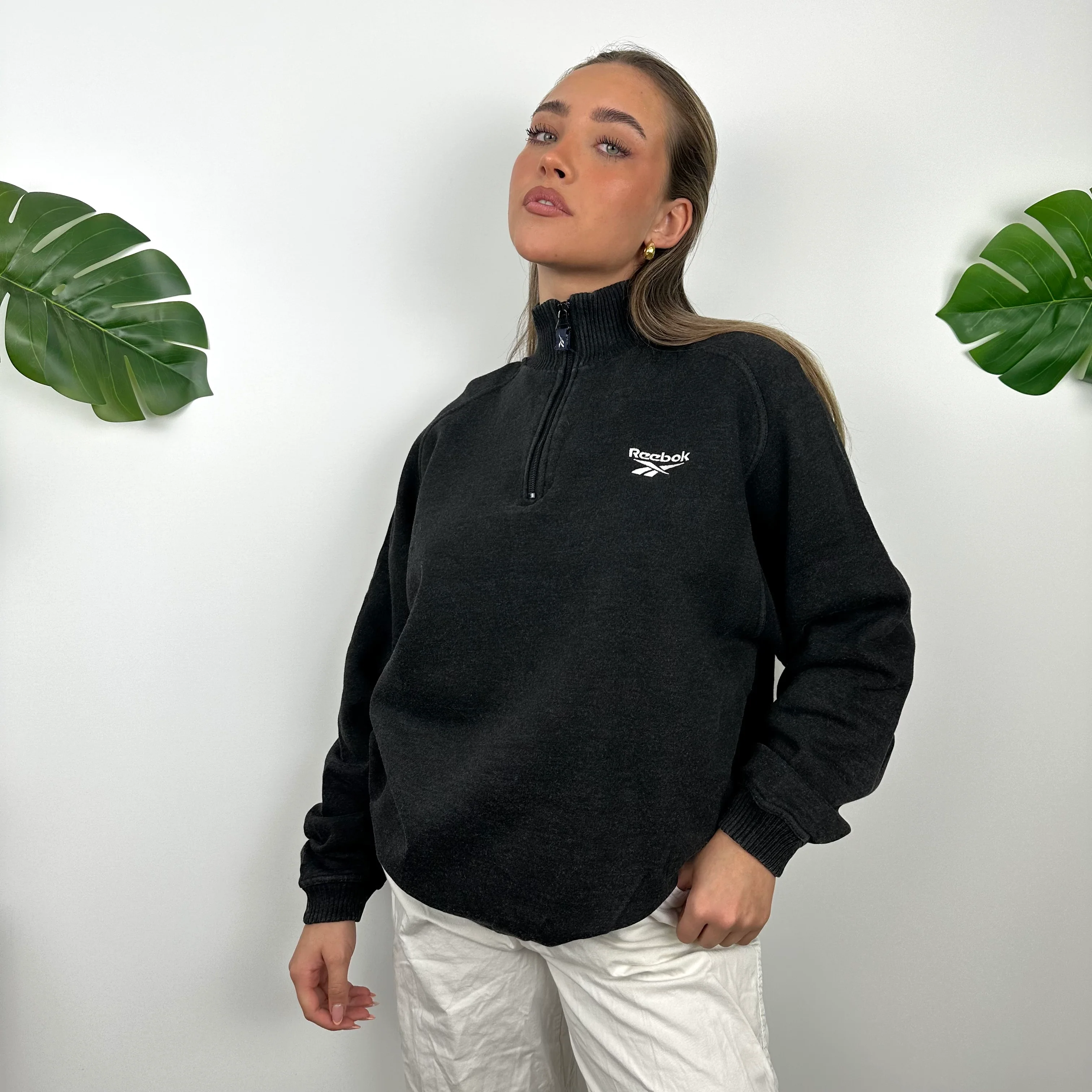Reebok Black Embroidered Spell Out Quarter Zip Sweatshirt (M) - Image 2