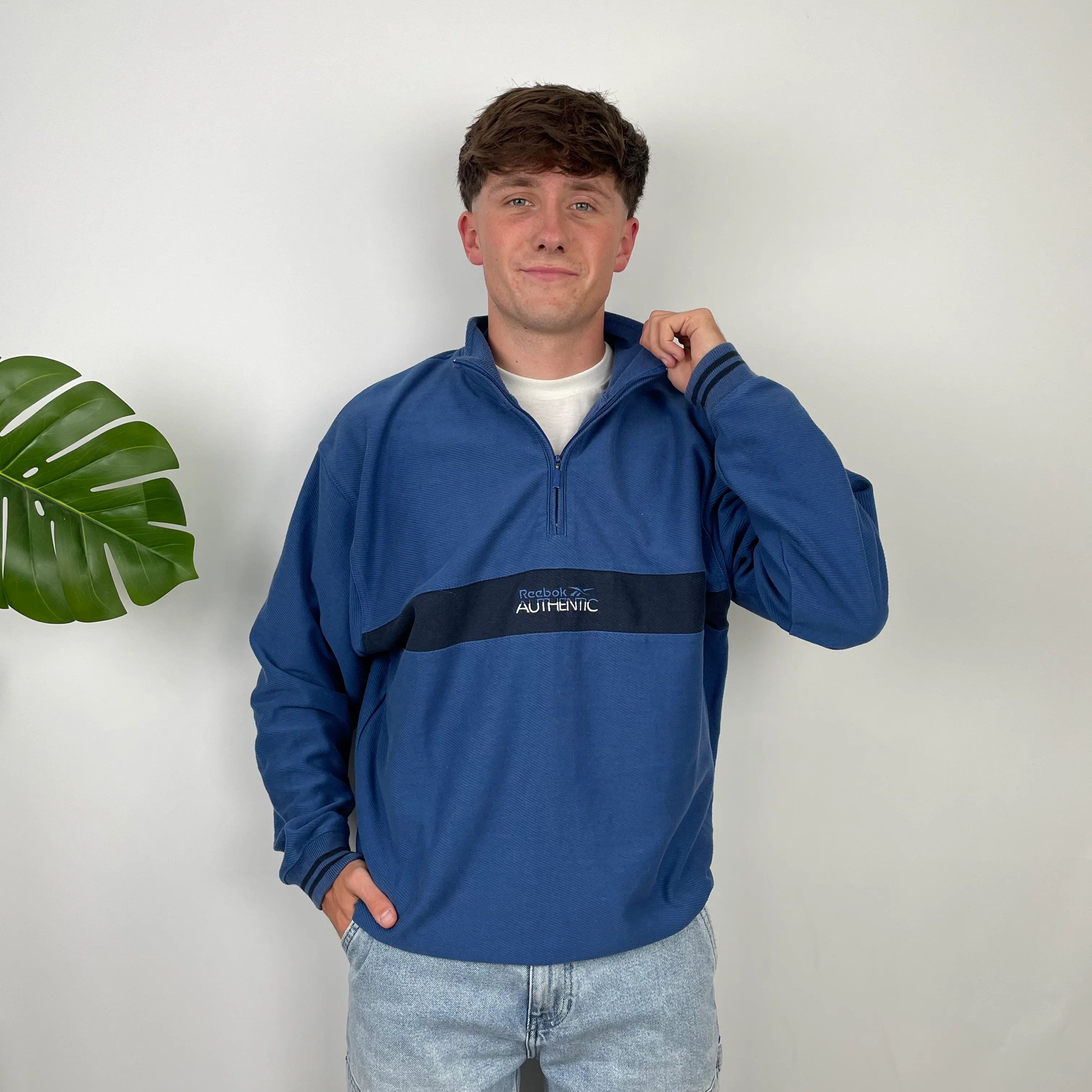 Reebok Blue Embroidered Spell Out Quarter Zip Sweatshirt (M) - Image 4