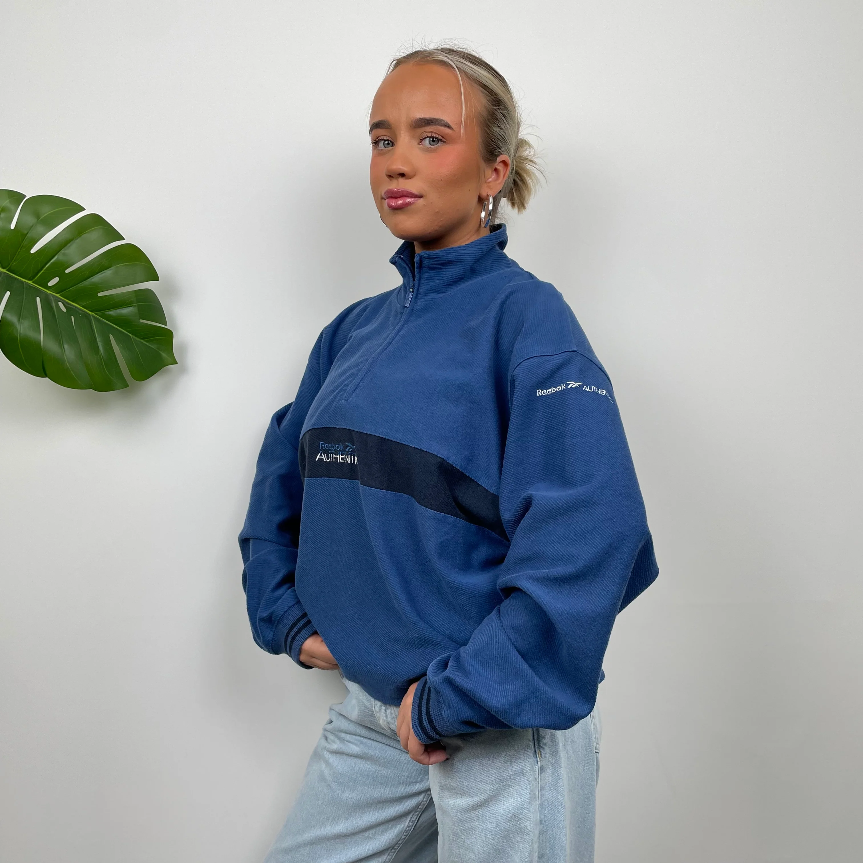 Reebok Blue Embroidered Spell Out Quarter Zip Sweatshirt (M) - Image 6