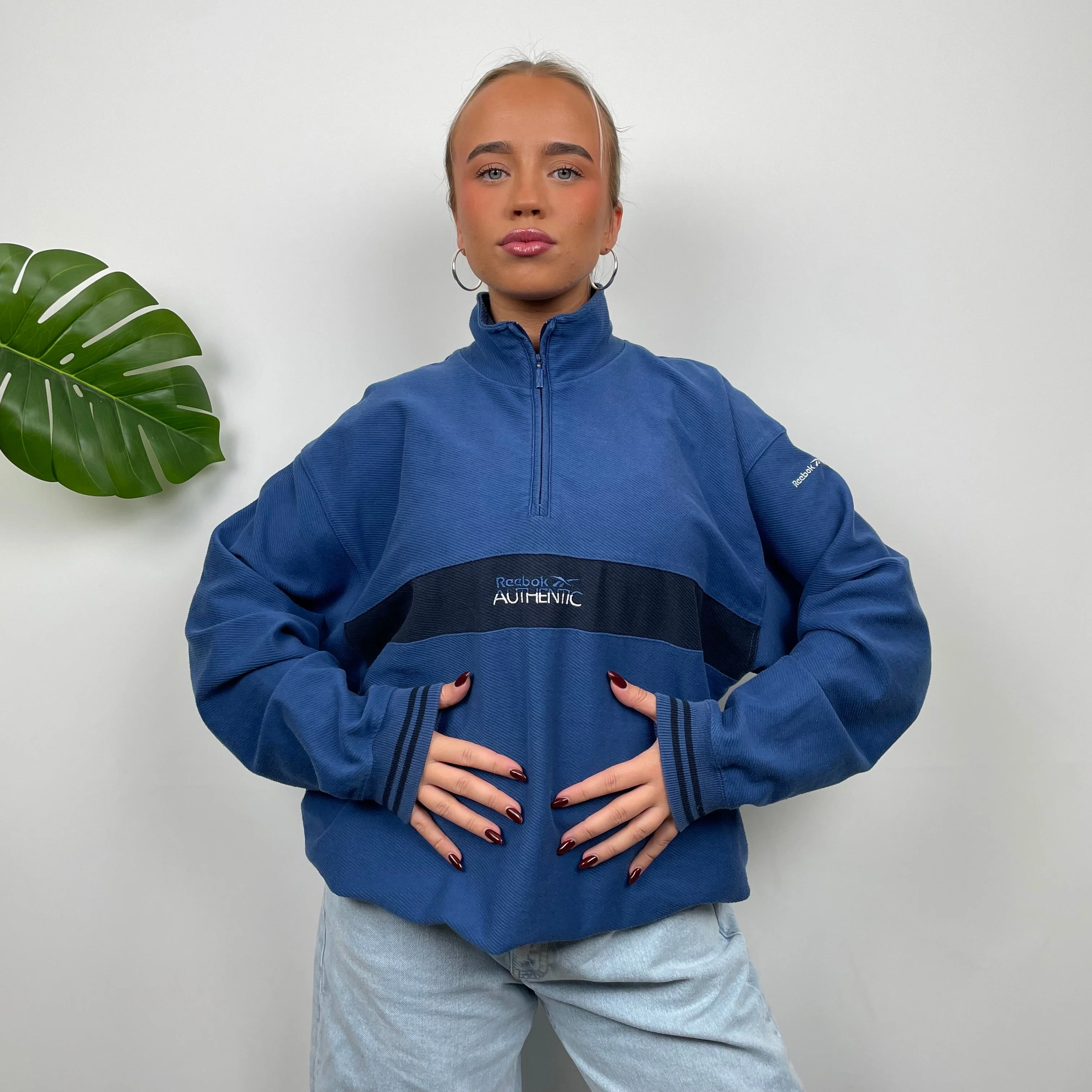 Reebok Blue Embroidered Spell Out Quarter Zip Sweatshirt (M) - Image 2