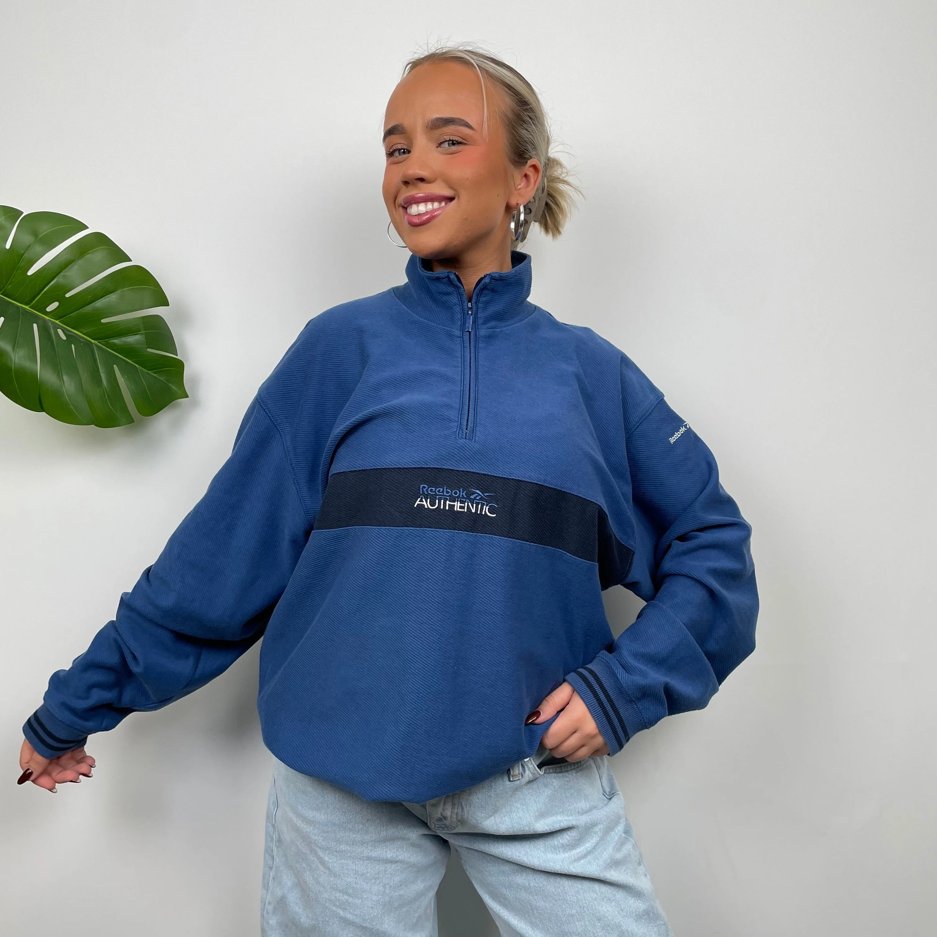 Reebok Blue Embroidered Spell Out Quarter Zip Sweatshirt (M) - Image 3
