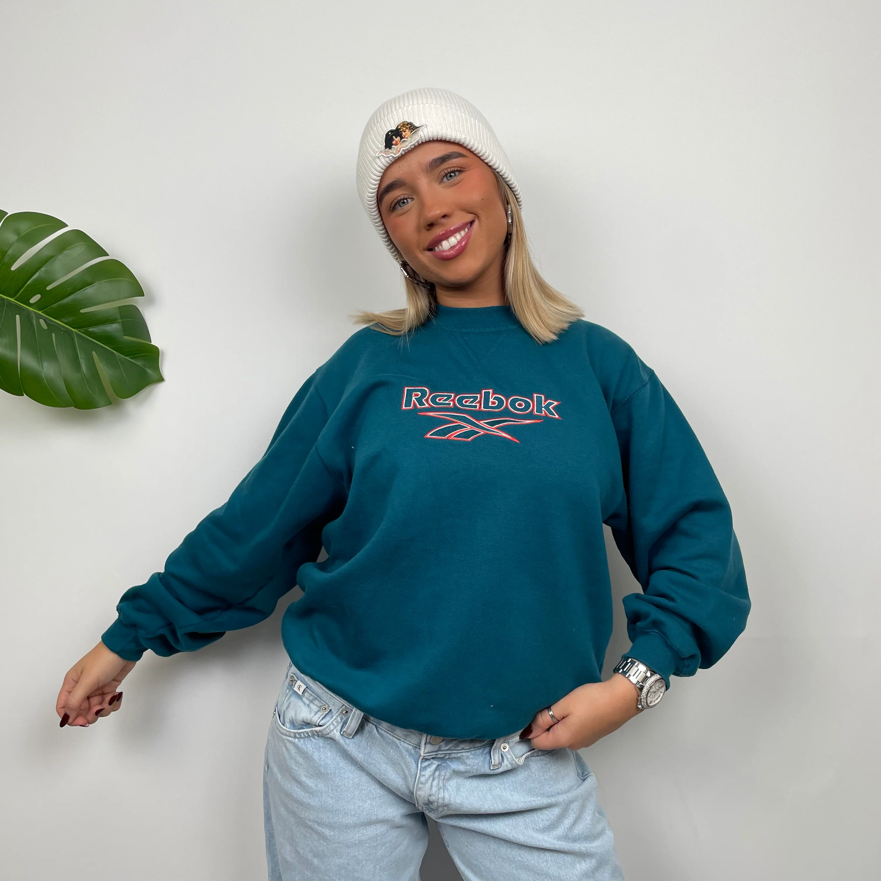 Reebok Blue Embroidered Spell Out Sweatshirt (M) - Image 6