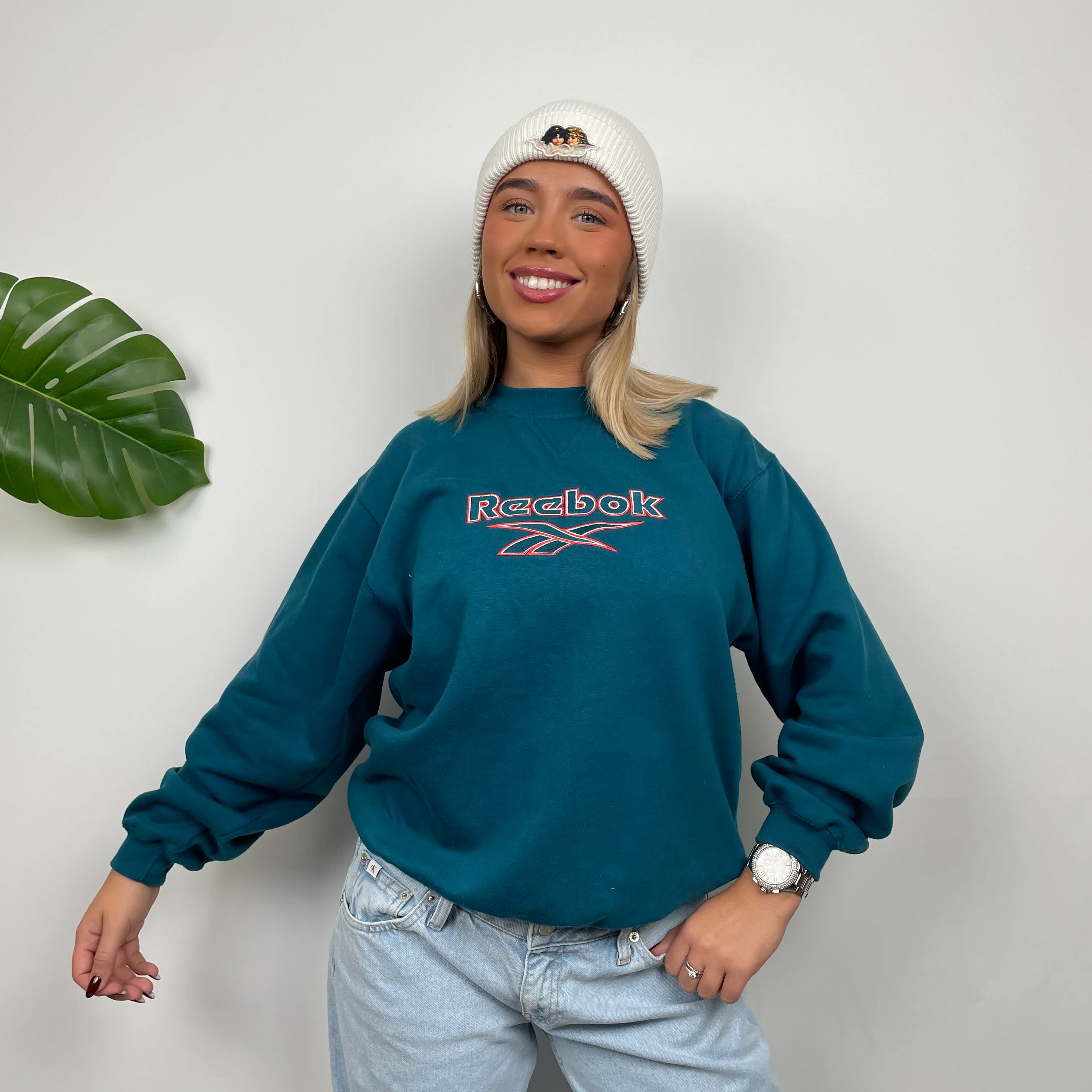 Reebok Blue Embroidered Spell Out Sweatshirt (M) - Image 7