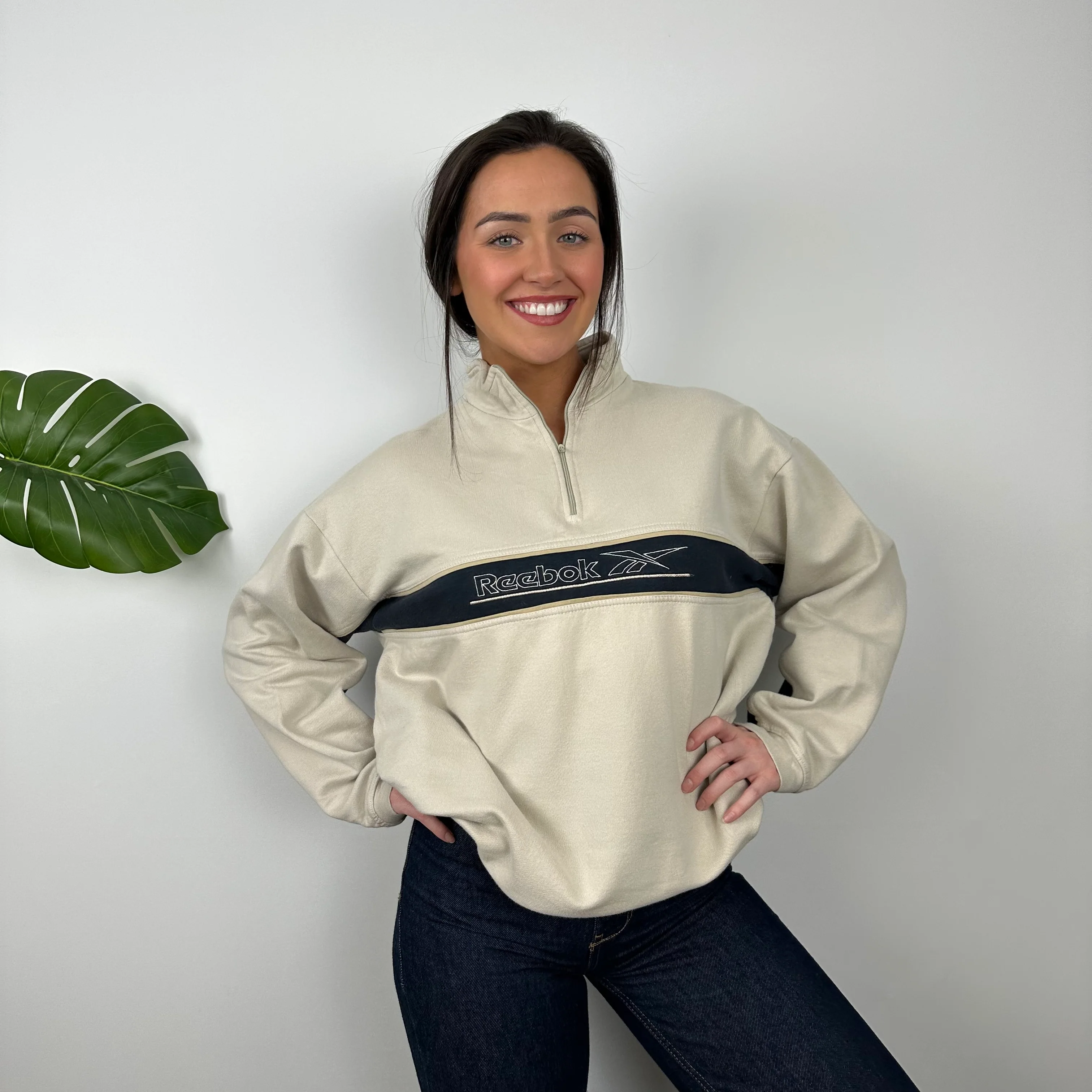 Reebok Cream Embroidered Spell Out Quarter Zip (M) - Image 2