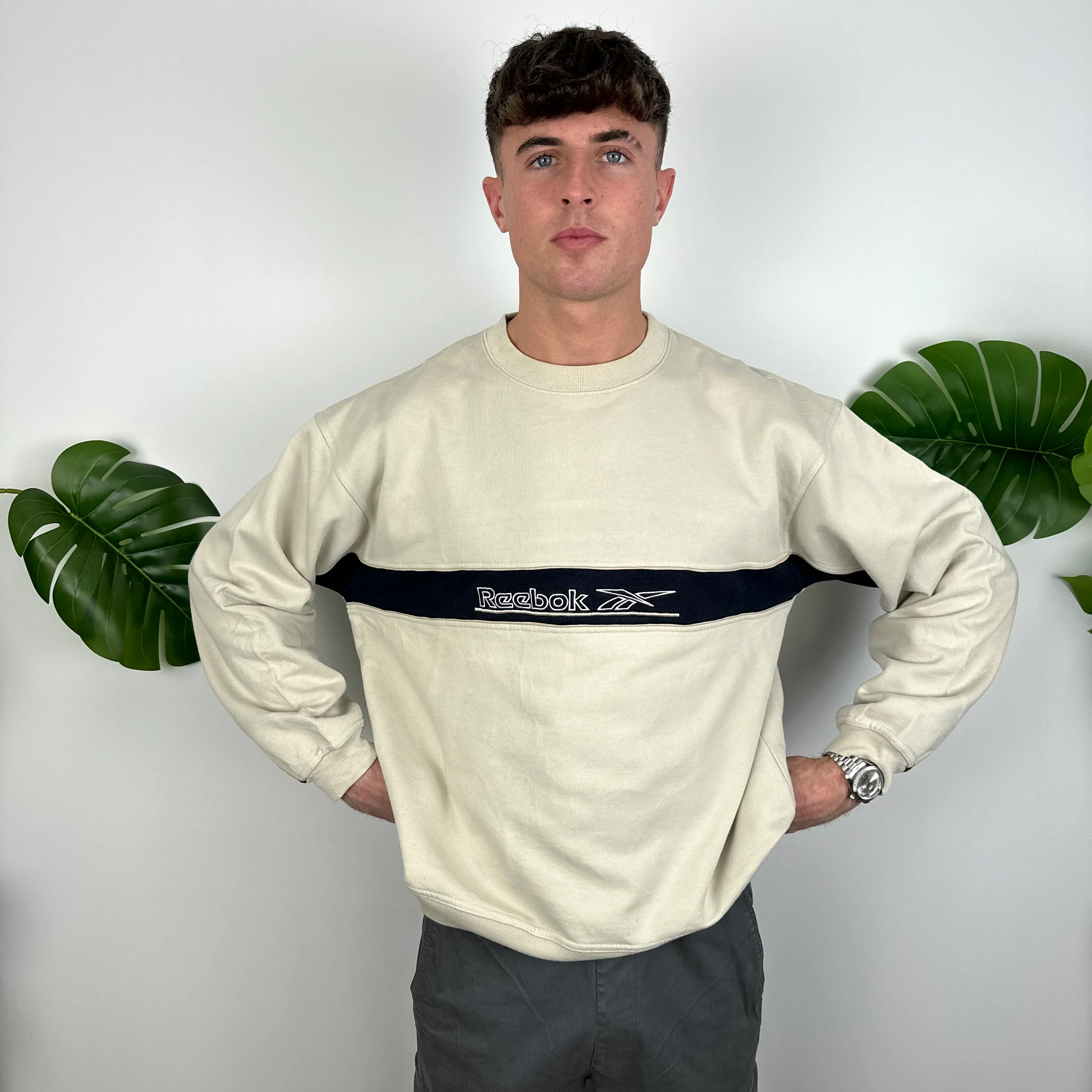 Reebok Cream Embroidered Spell Out Sweatshirt (M) - Image 2