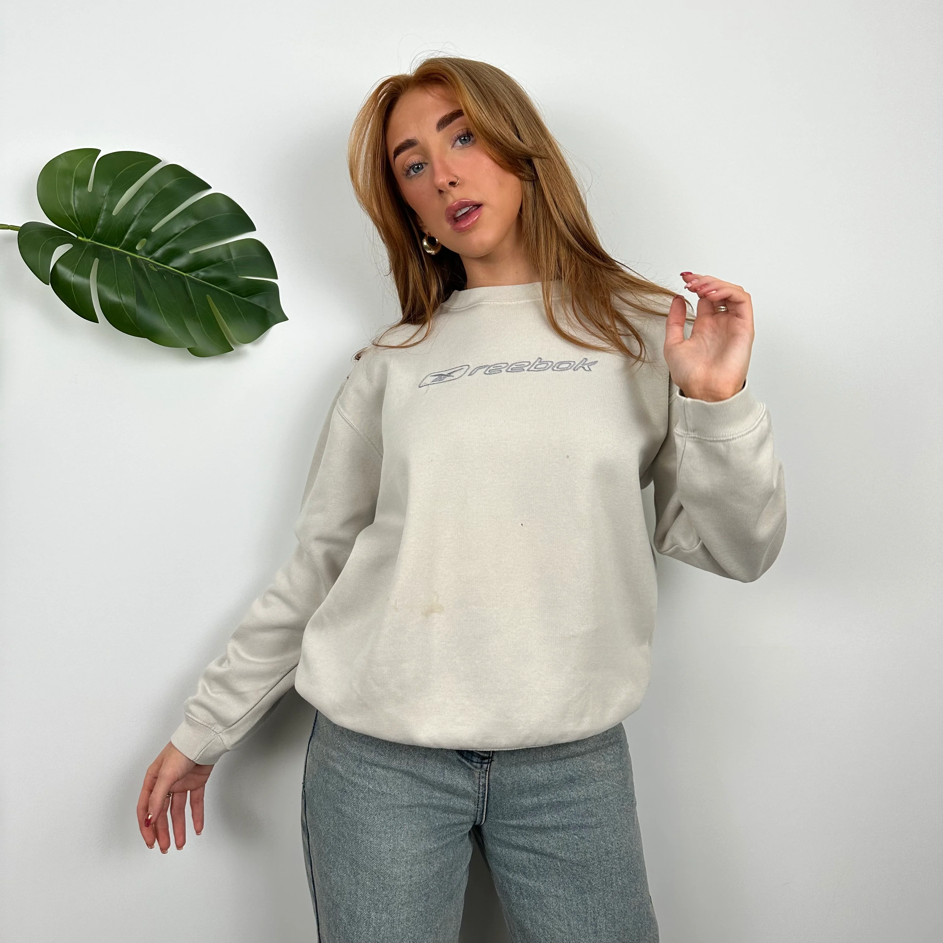 Reebok Cream Embroidered Spell Out Sweatshirt (S) - Image 5