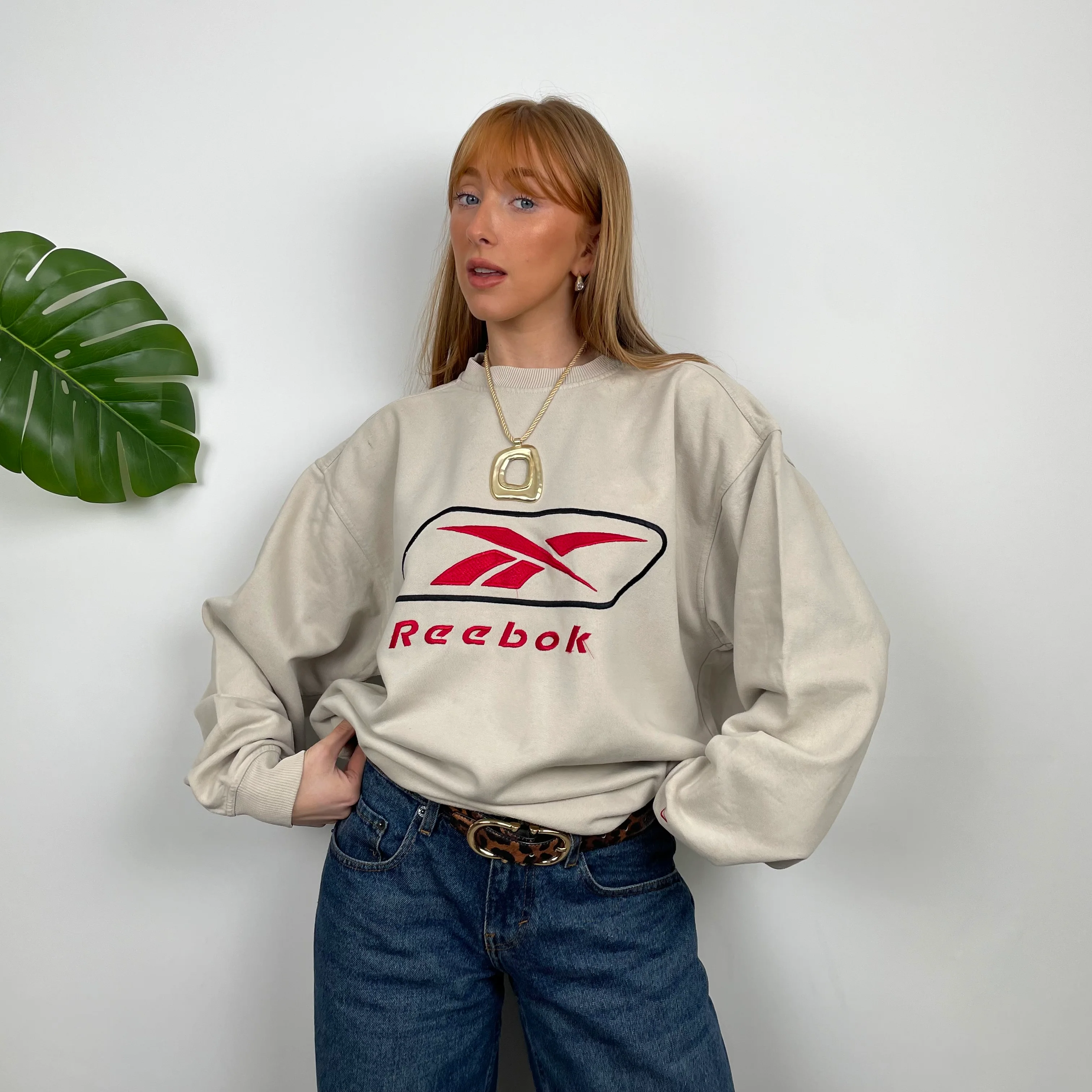 Reebok Cream Embroidered Spell Out Sweatshirt (L)