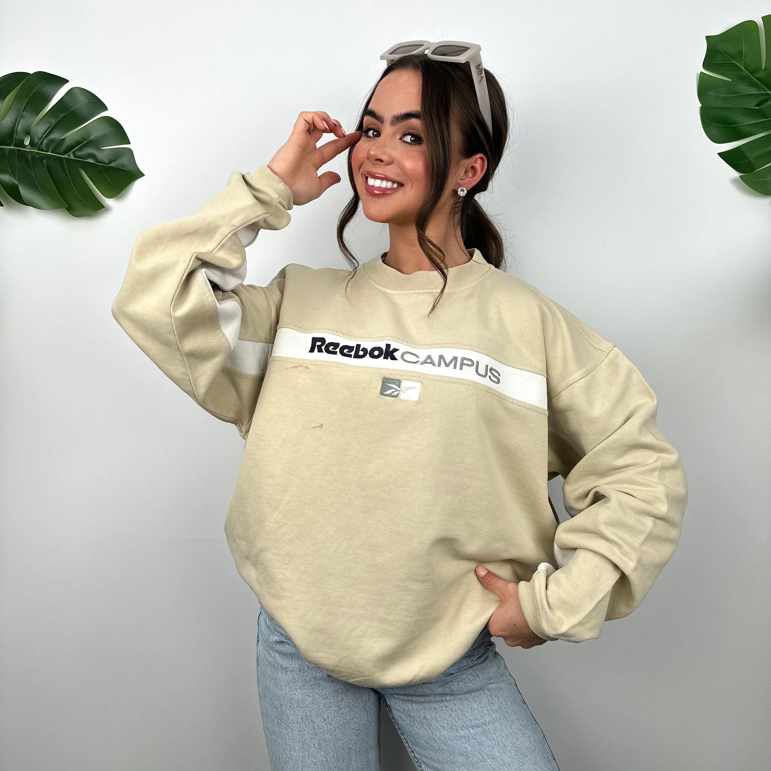 Reebok Cream Embroidered Spell Out Sweatshirt (M) - Image 2