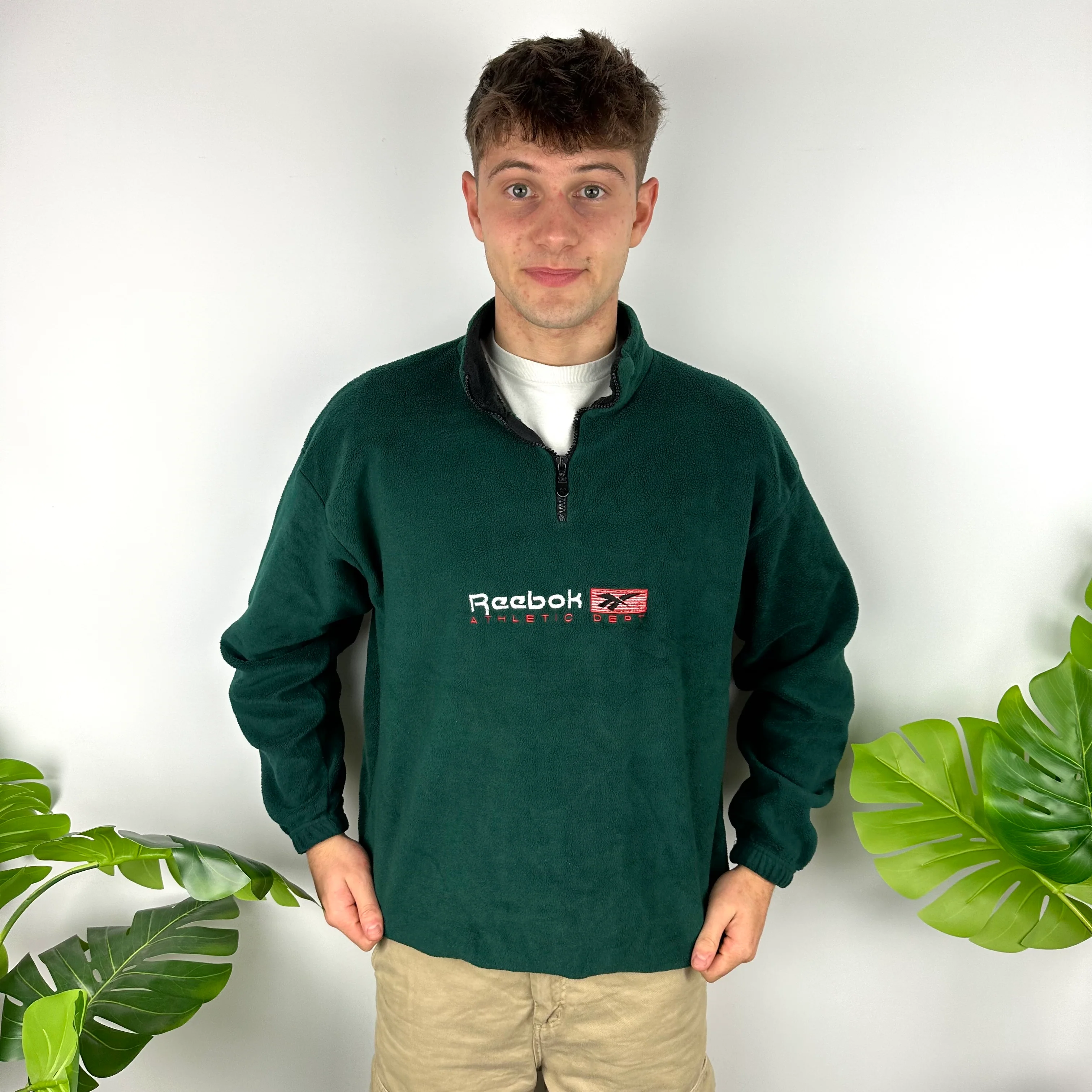 Reebok Green Embroidered Spell Out Teddy Bear Fleece Quarter Zip Sweatshirt (L) - Image 2
