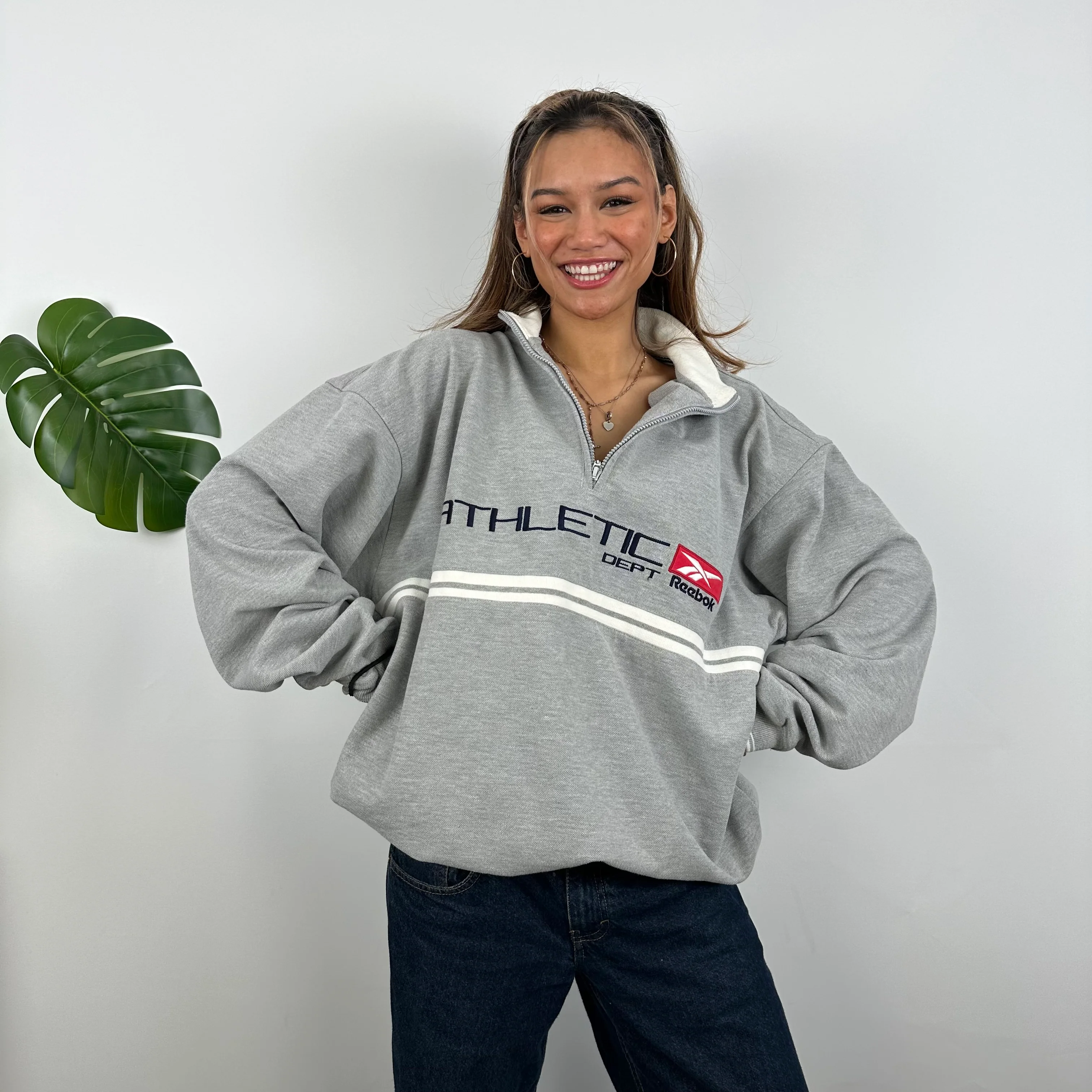Reebok Grey Embroidered Spell Out Quarter Zip Sweatshirt (L) - Image 2