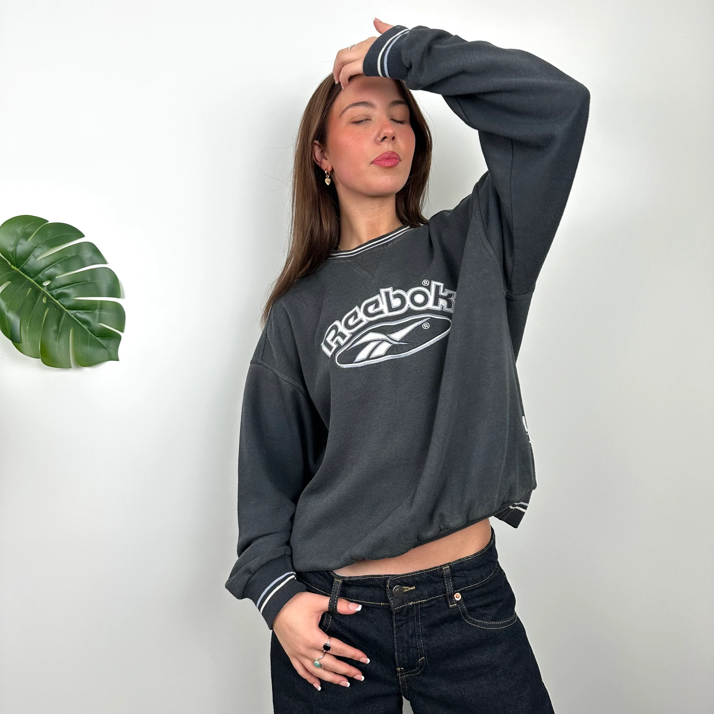 Reebok Grey Embroidered Spell Out Sweatshirt (M) - Image 6