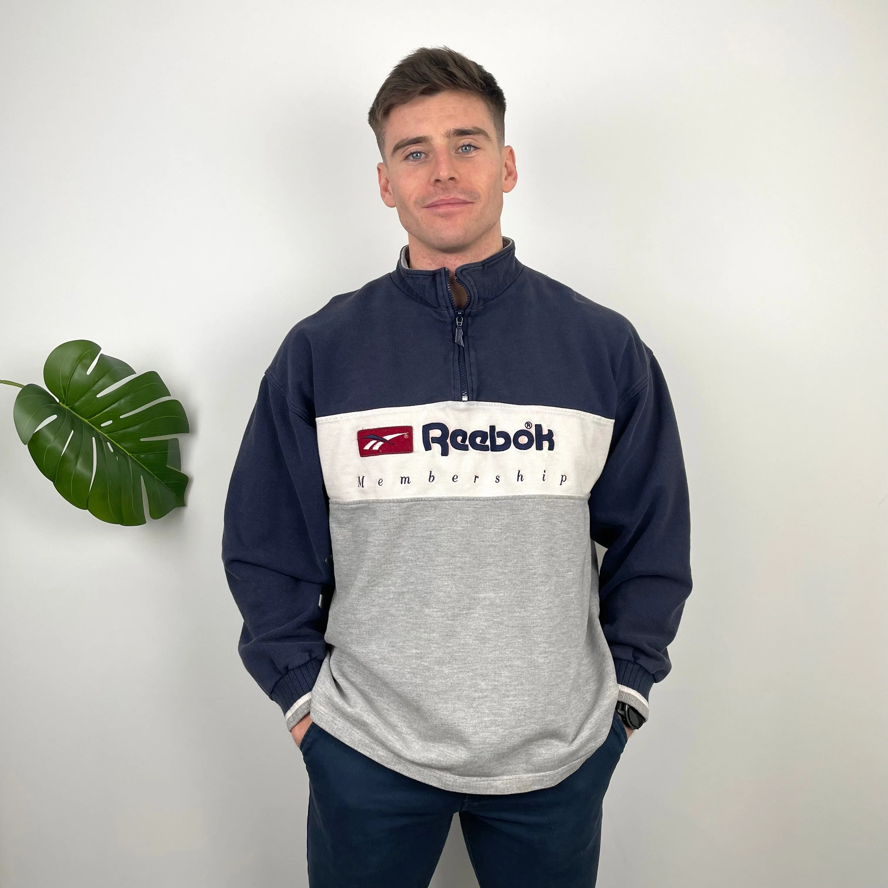 Reebok Membership RARE Black and Grey Embroidered Spell Out Quarter Zip Sweatshirt (M) - Image 2