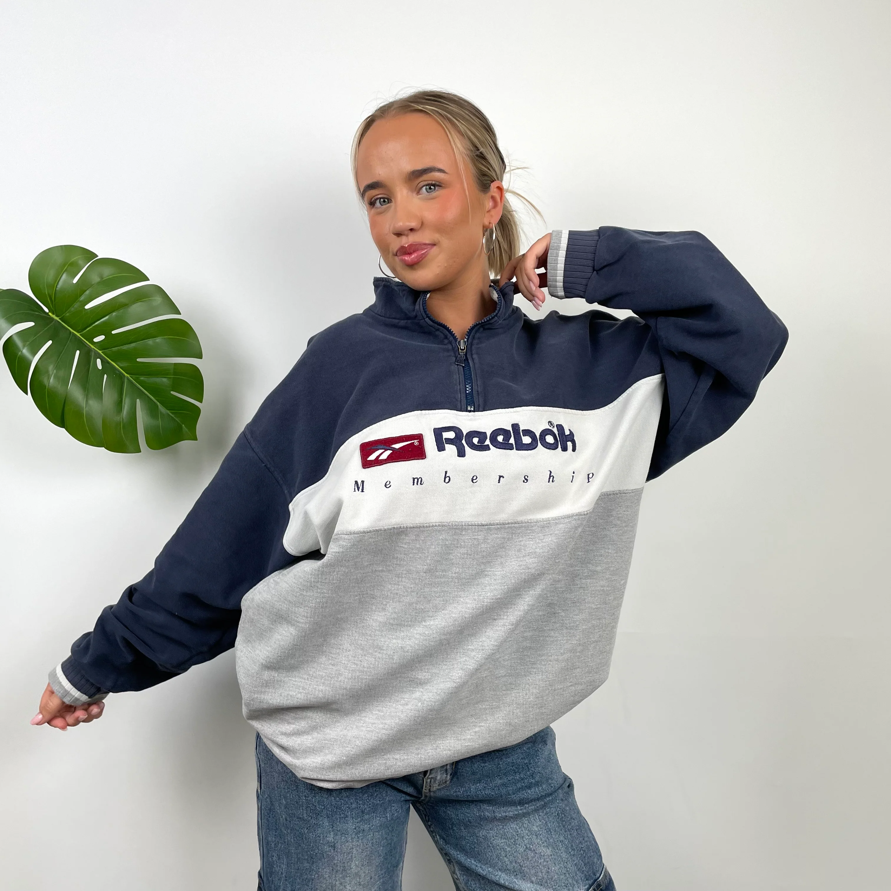 Reebok Membership RARE Navy and Grey Embroidered Spell Out Quarter Zip Sweatshirt (M) - Image 2