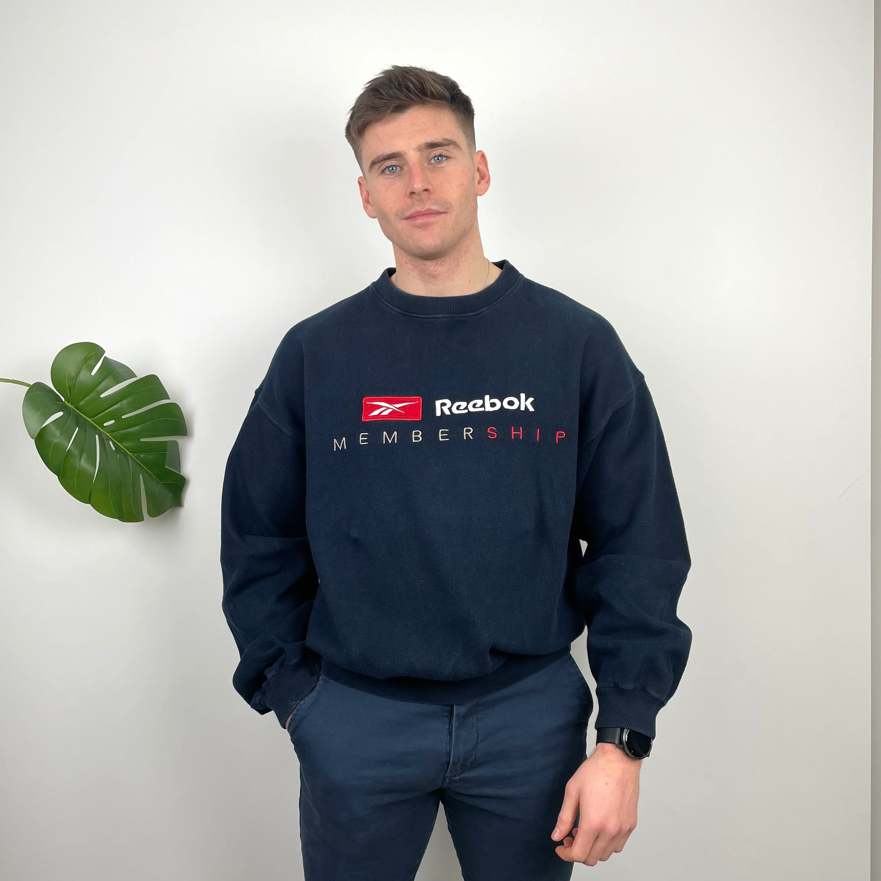 Reebok Membership RARE Navy Embroidered Spell Out Sweatshirt (L) - Image 2