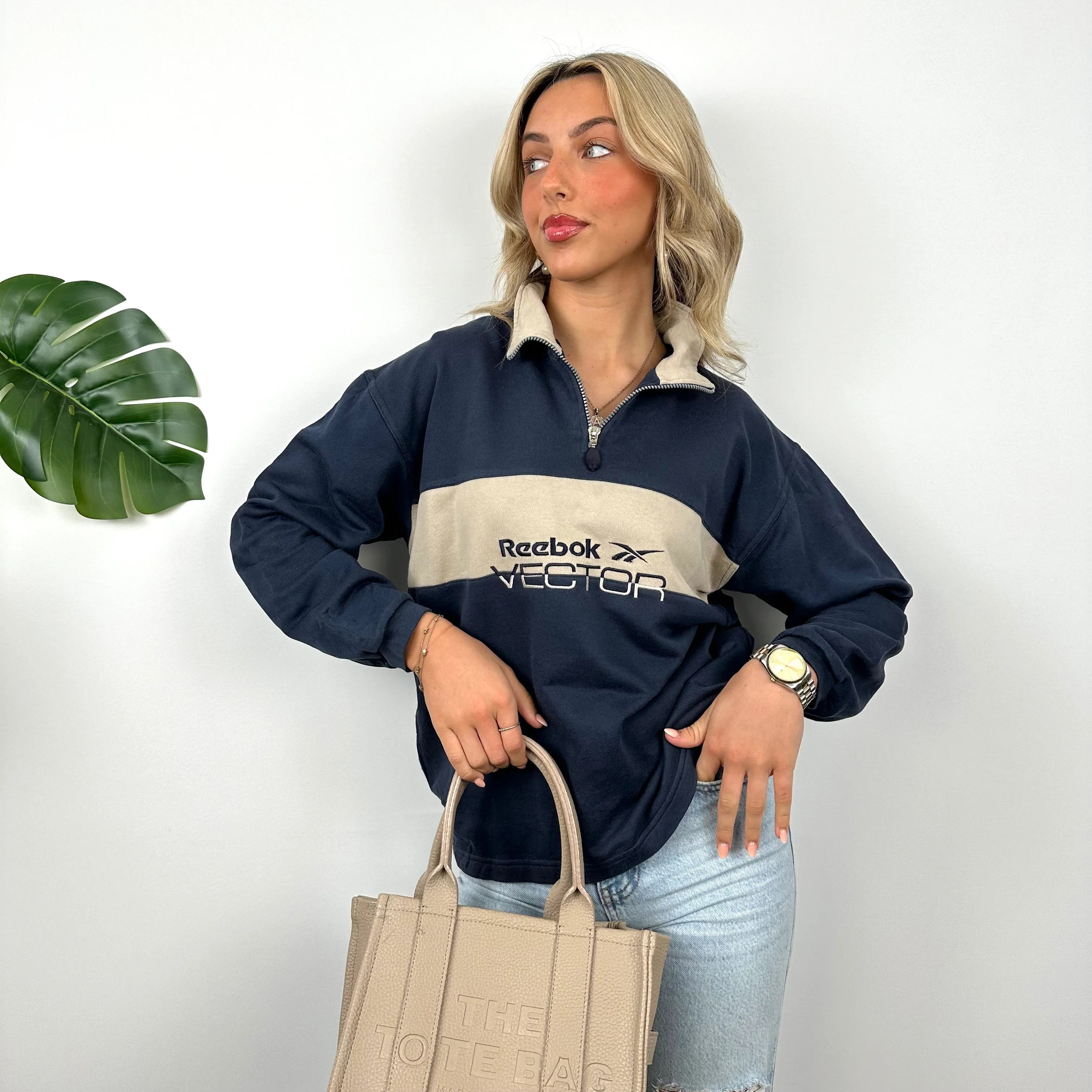 Reebok Navy Embroidered Spell Out Quarter Zip Sweatshirt (S) - Image 3