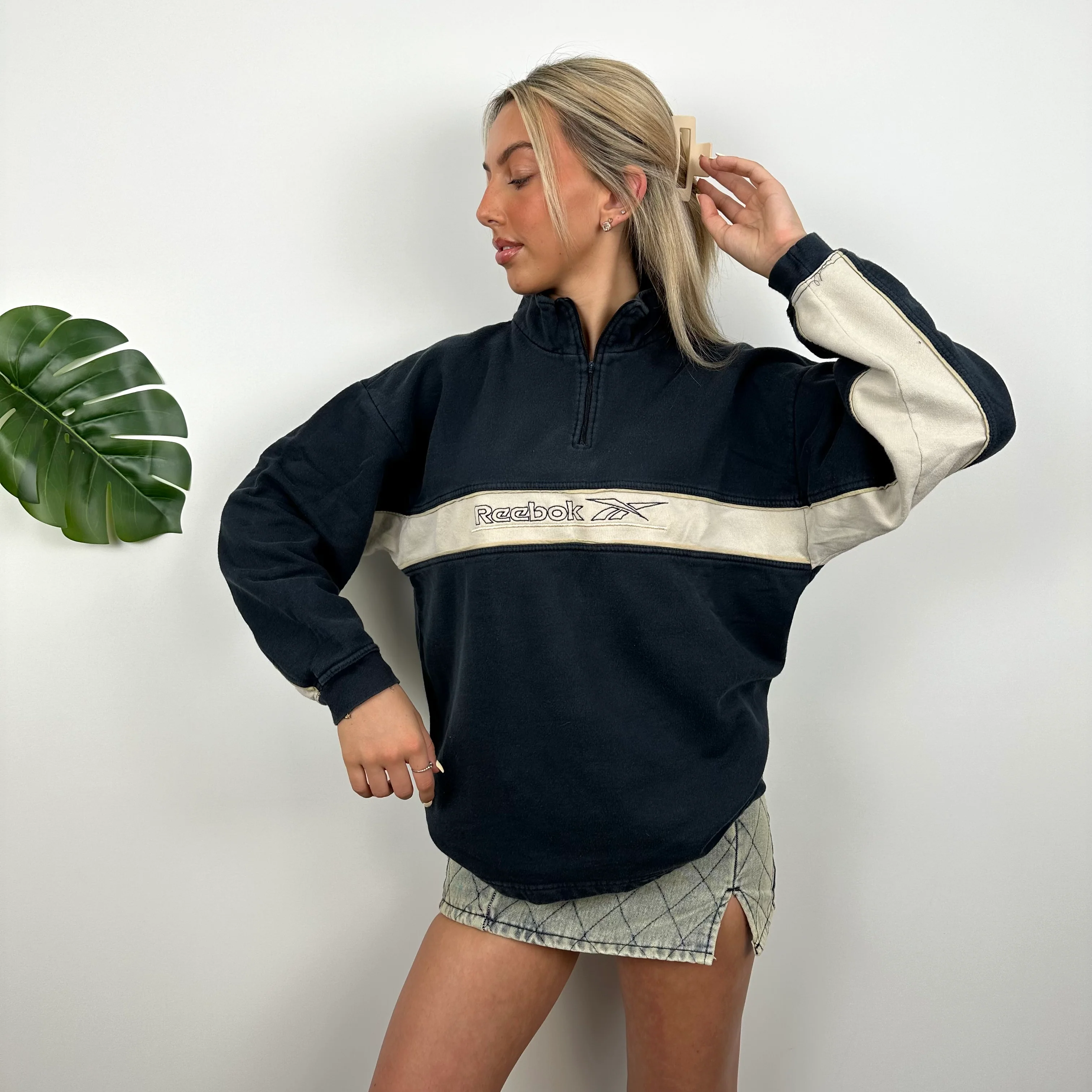 Reebok Navy Embroidered Spell Out Quarter Zip Sweatshirt (S) - Image 2