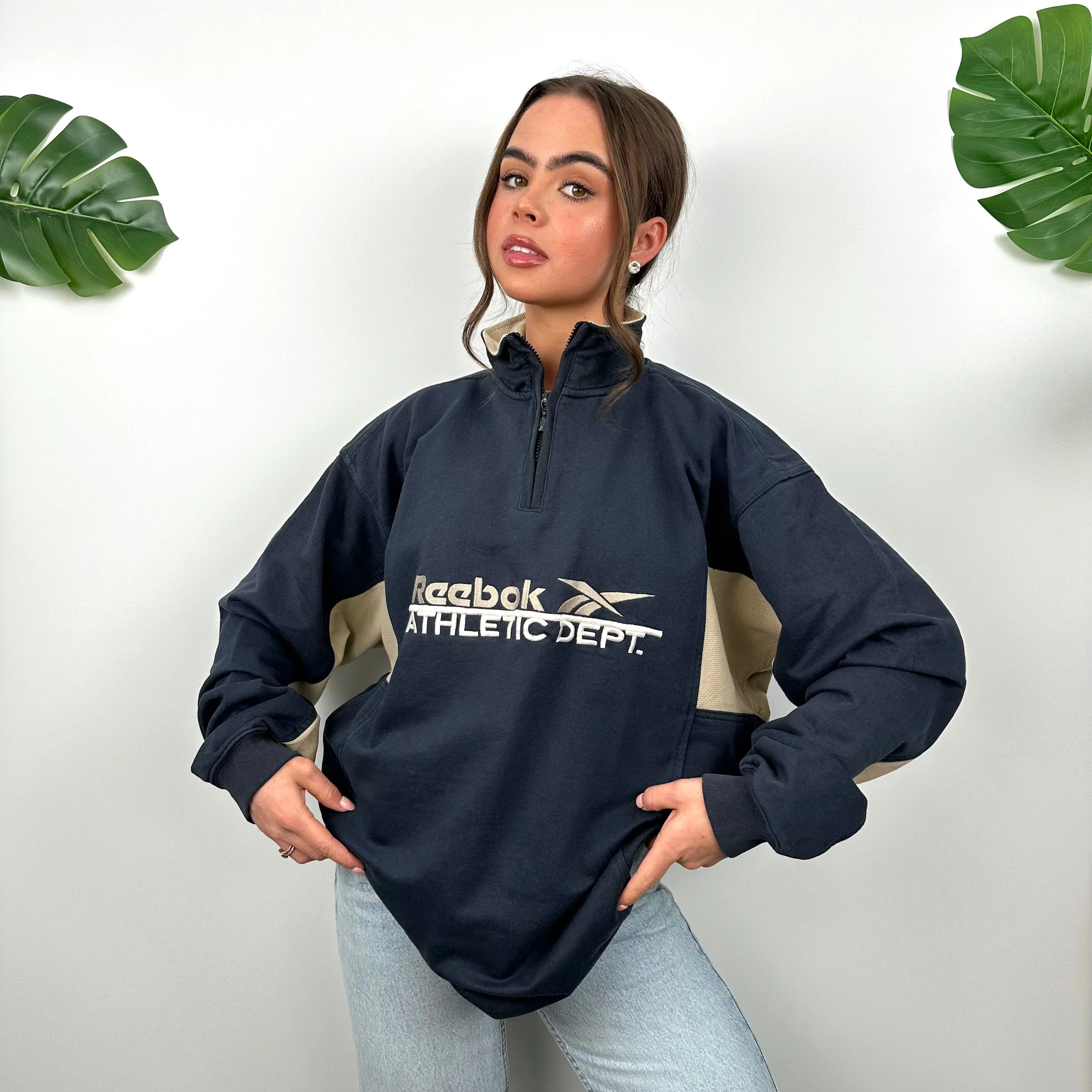 Reebok Navy Embroidered Spell Out Quarter Zip Sweatshirt (L) - Image 7