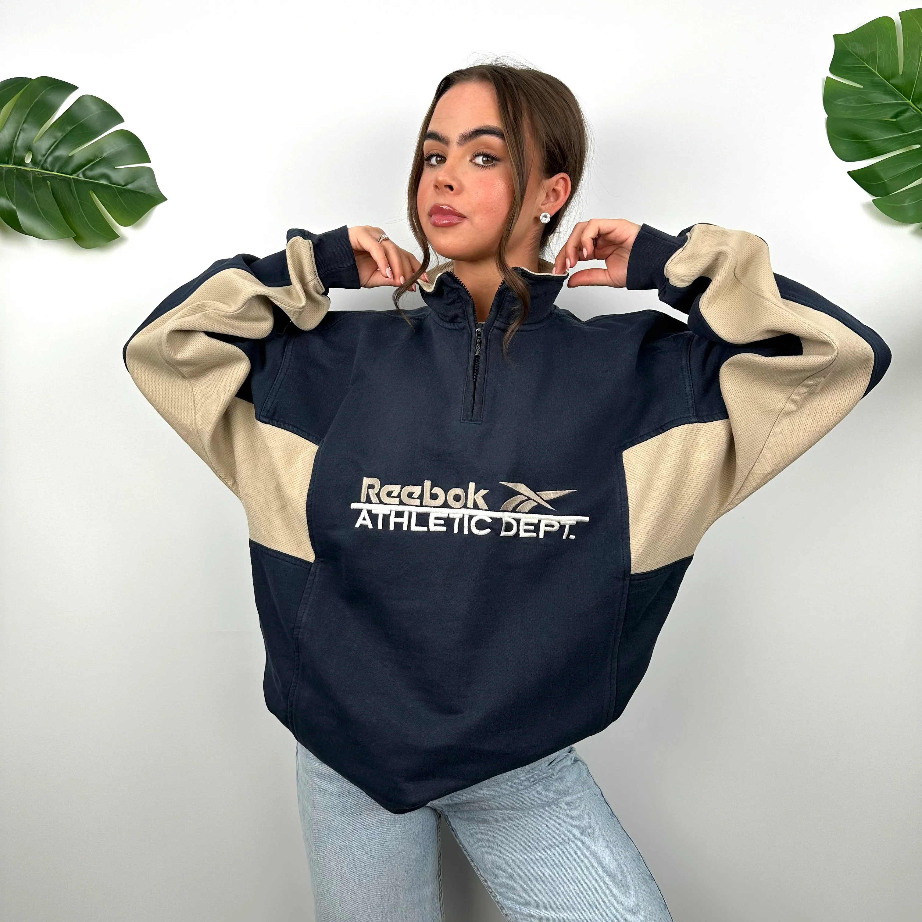 Reebok Navy Embroidered Spell Out Quarter Zip Sweatshirt (L) - Image 2