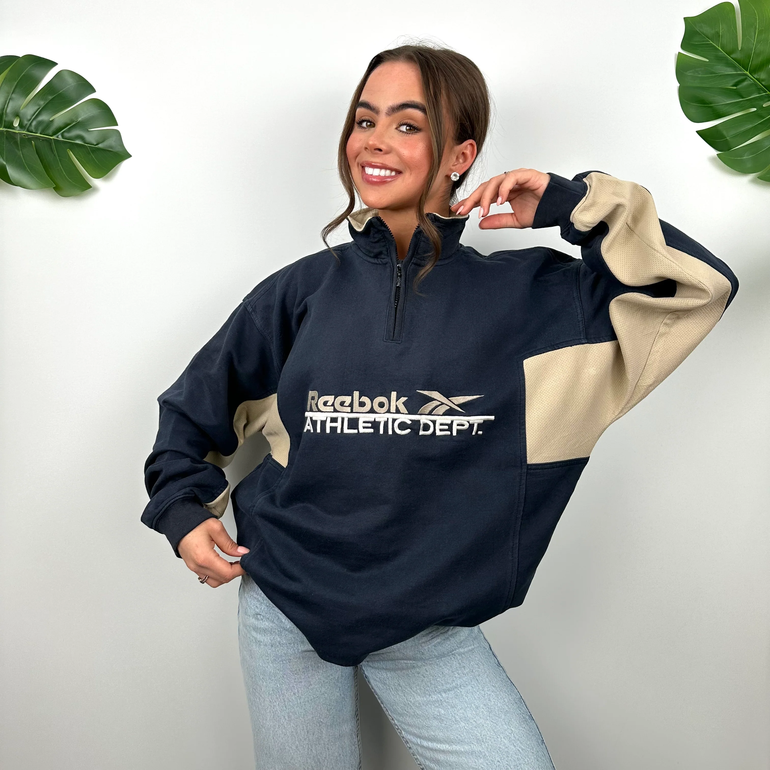 Reebok Navy Embroidered Spell Out Quarter Zip Sweatshirt (L) - Image 6
