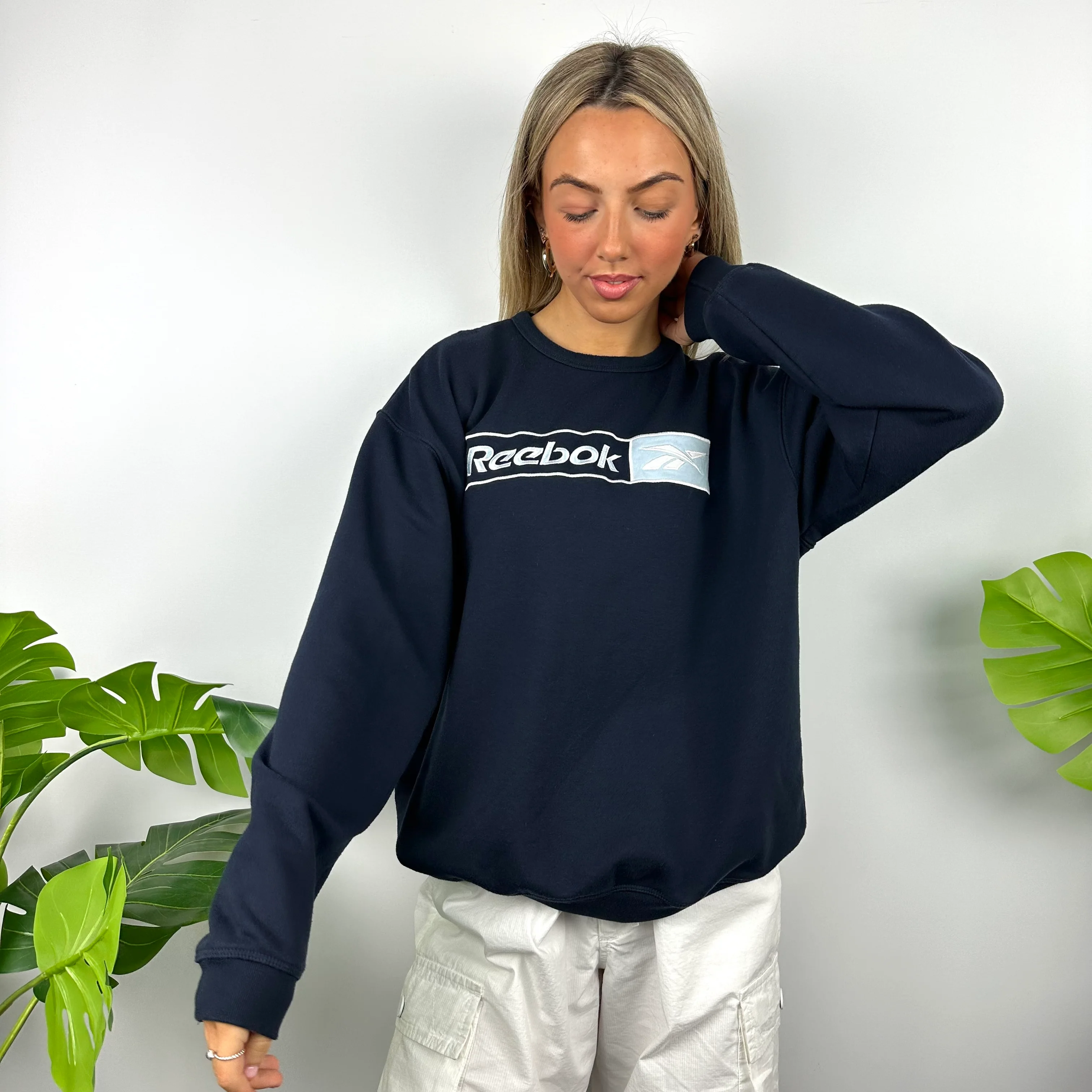 Reebok Navy Embroidered Spell Out Sweatshirt (L) - Image 3