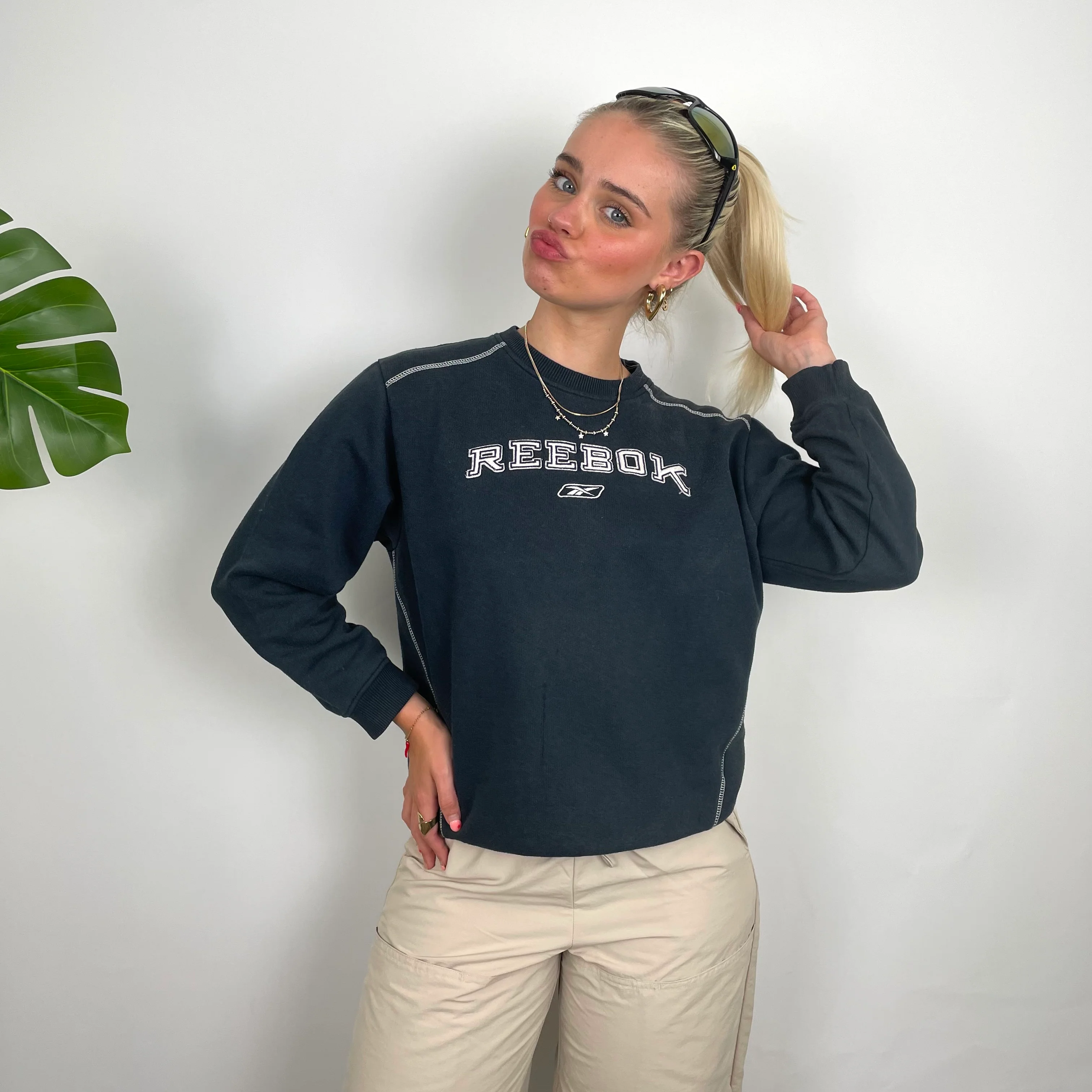 Reebok Navy Embroidered Spell Out Sweatshirt (S) - Image 4