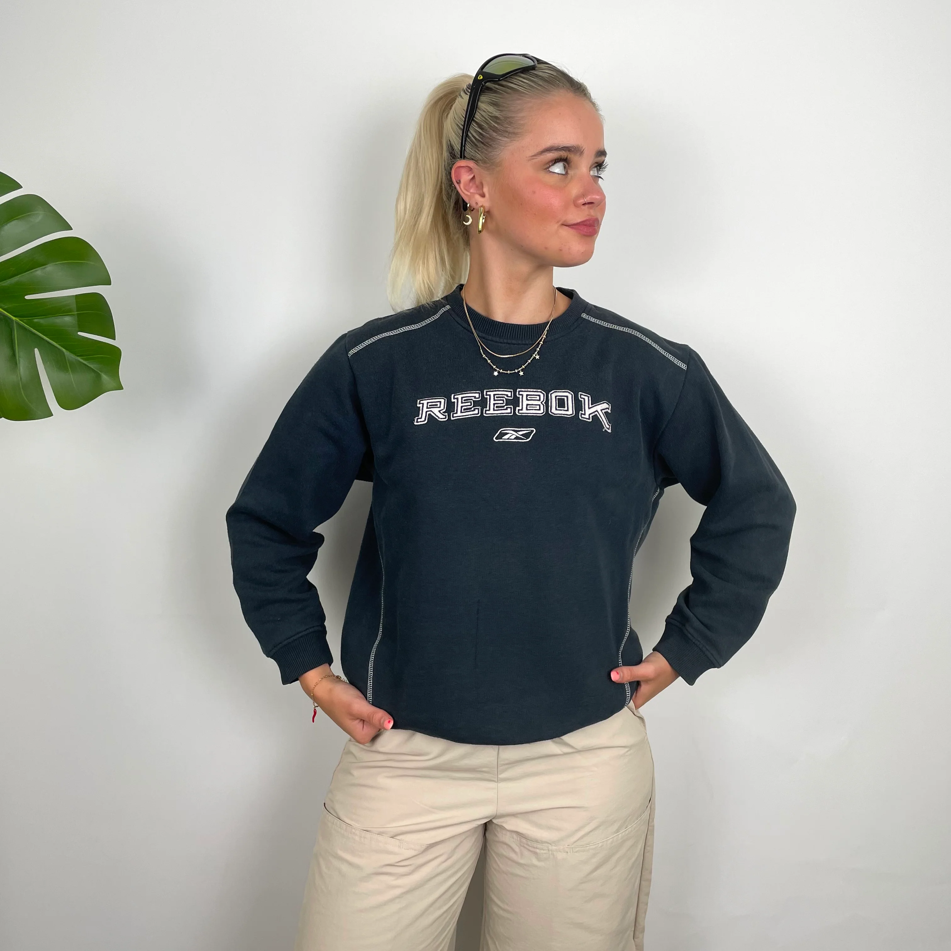 Reebok Navy Embroidered Spell Out Sweatshirt (S) - Image 7