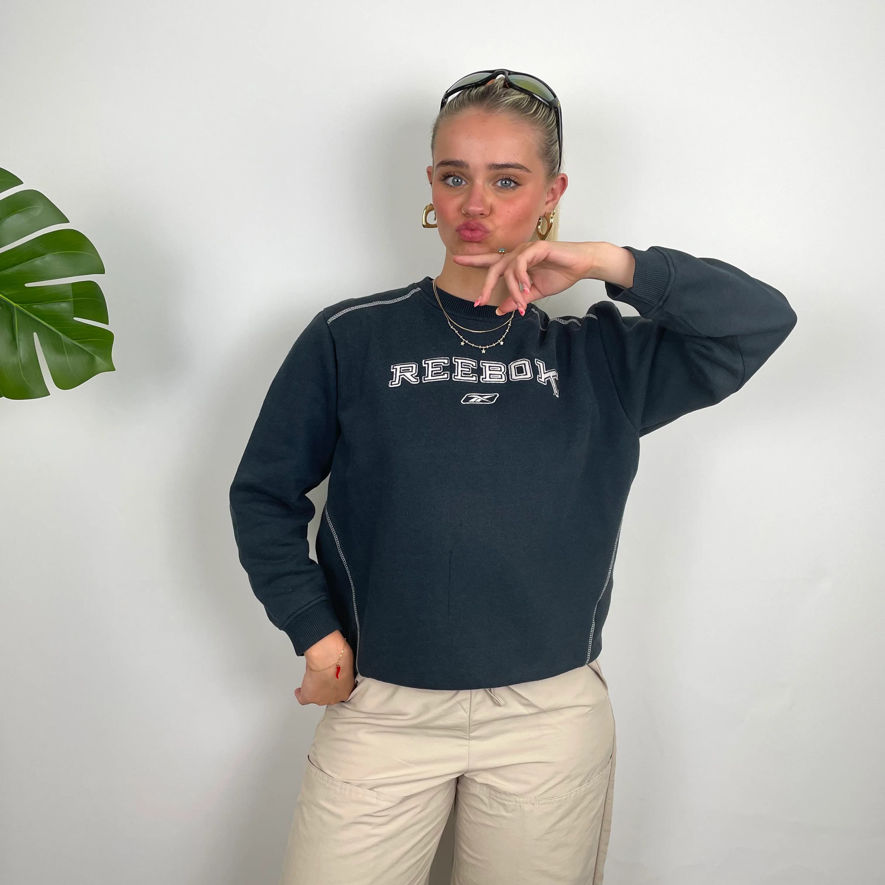 Reebok Navy Embroidered Spell Out Sweatshirt (S) - Image 9