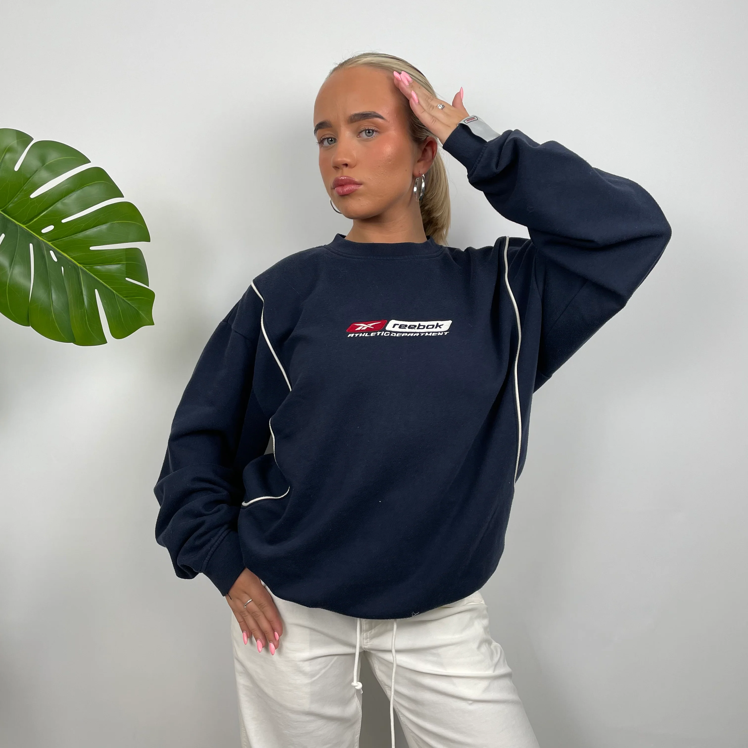 Reebok Navy Embroidered Spell Out Sweatshirt (L) - Image 4