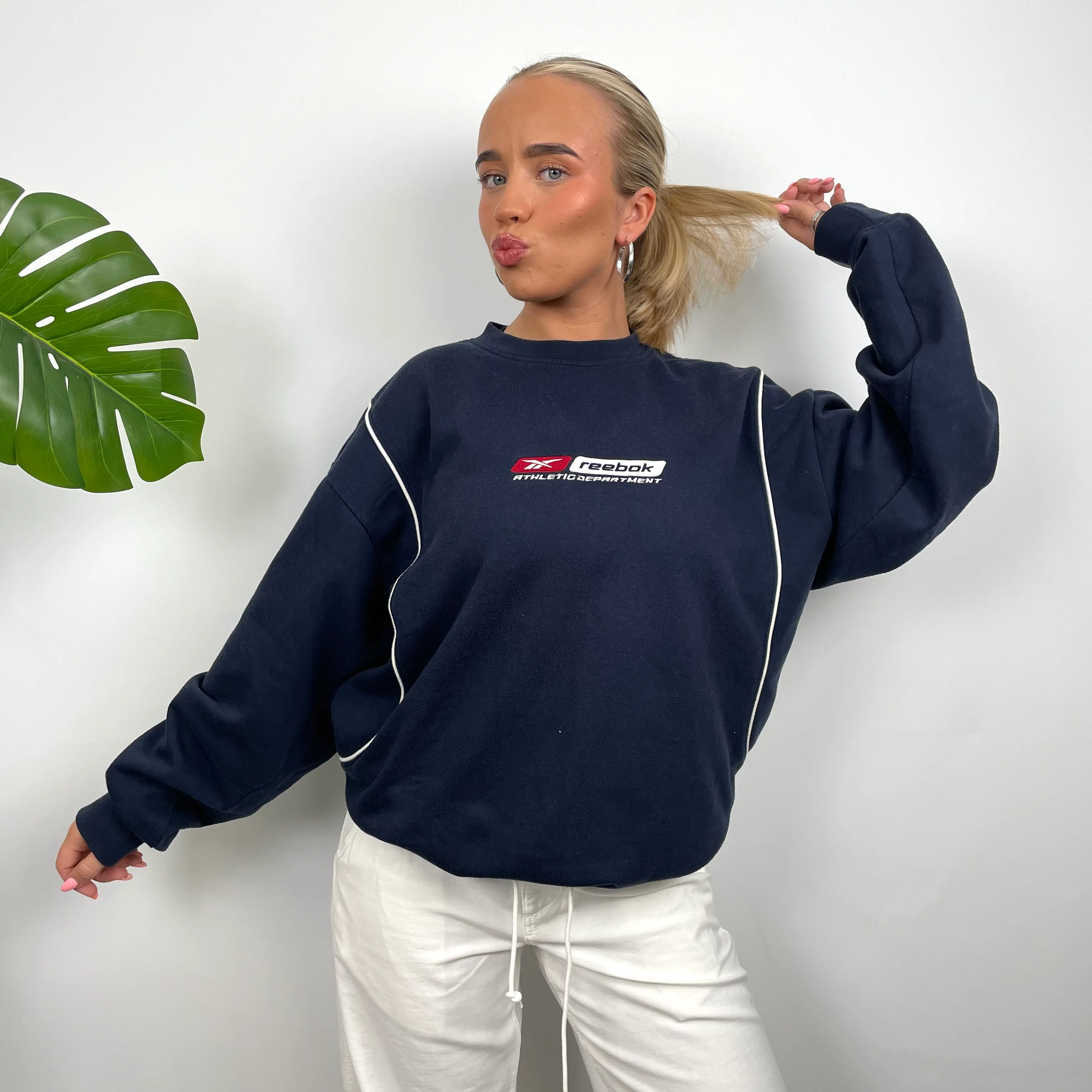 Reebok Navy Embroidered Spell Out Sweatshirt (L) - Image 6