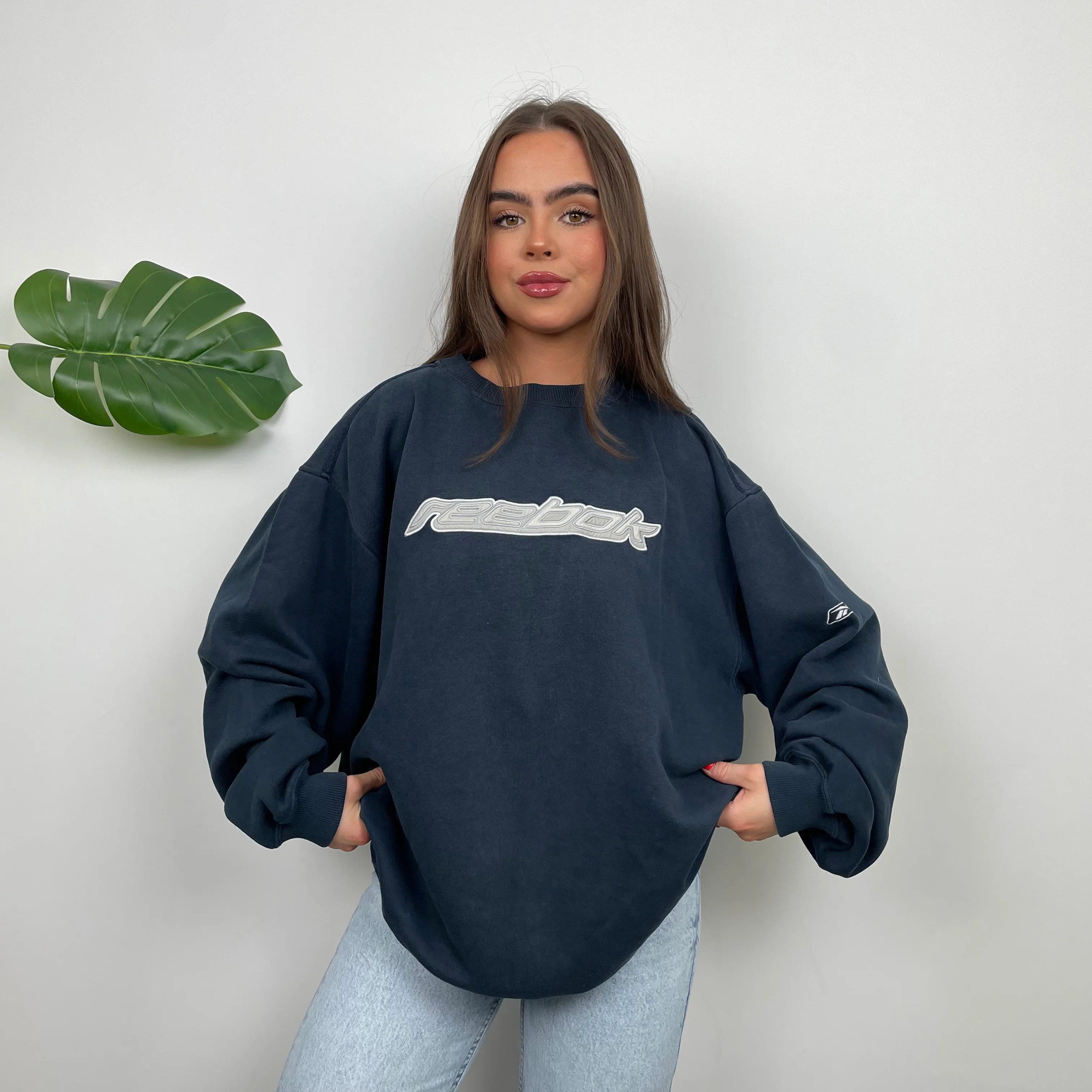 Reebok Navy Embroidered Spell Out Sweatshirt (L) - Image 3