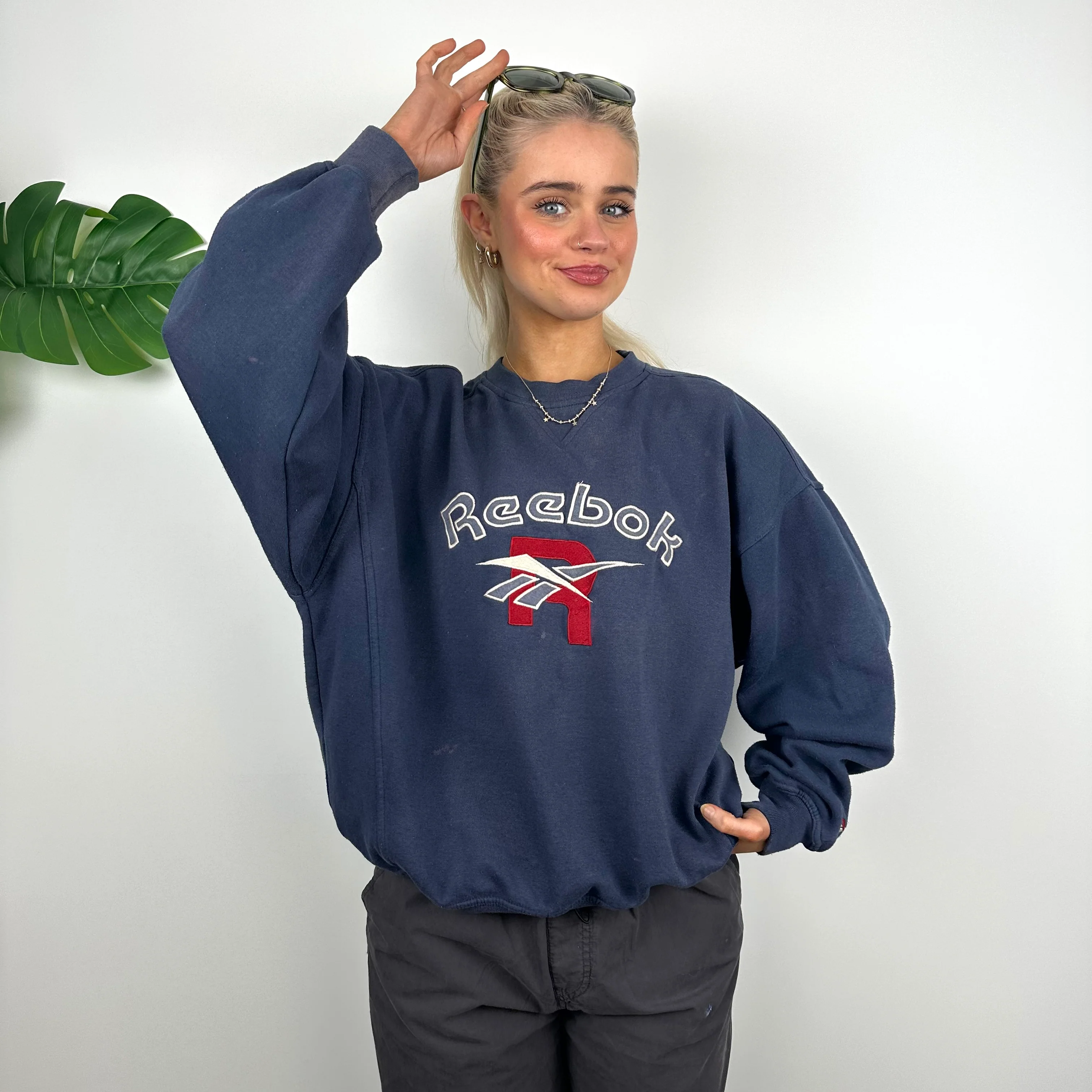 Reebok Navy Embroidered Spell Out Sweatshirt (S) - Image 2