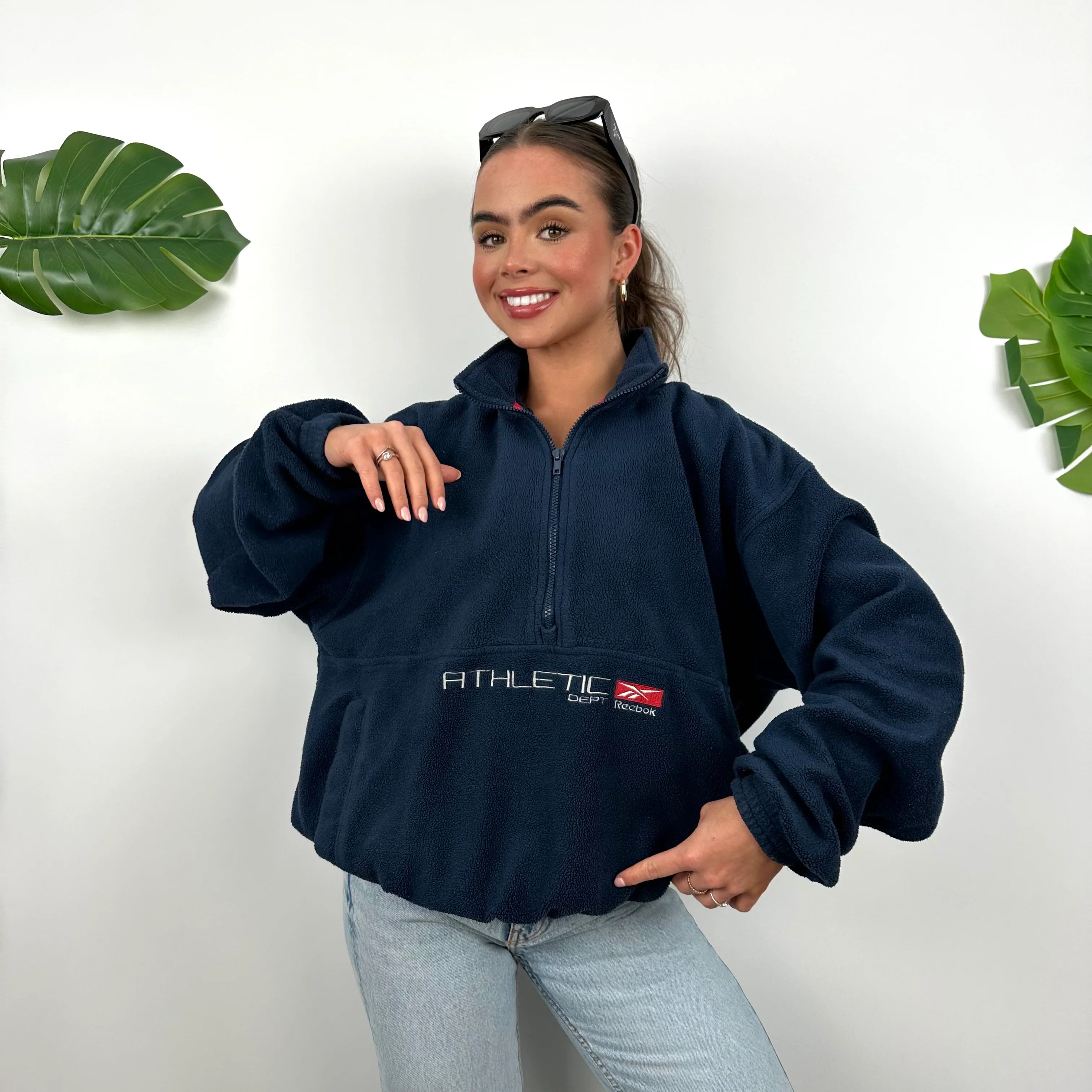 Reebok Navy Embroidered Spell Out Teddy Bear Fleece Quarter Zip Sweatshirt (M) - Image 2