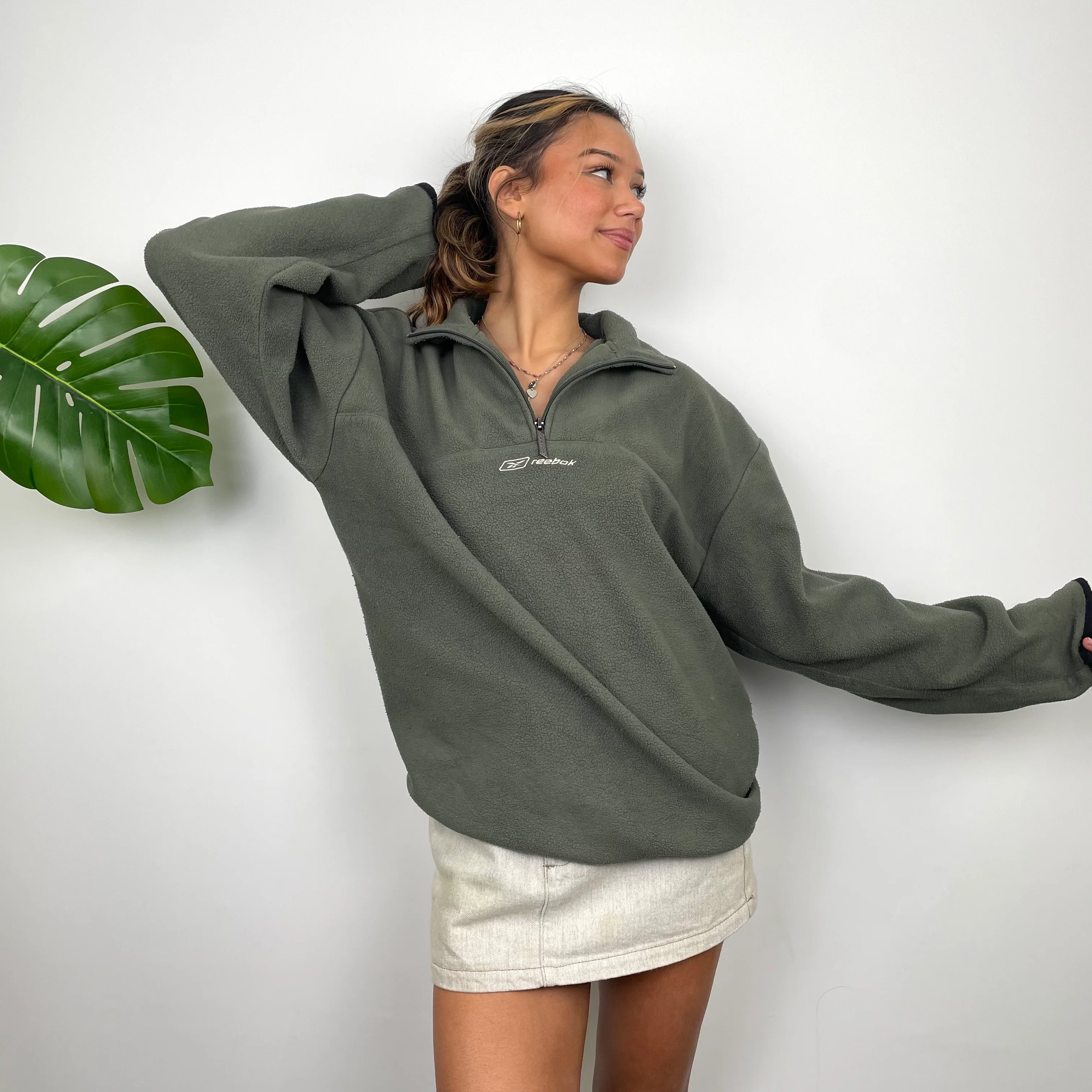 Reebok RARE Green Embroidered Spell Out Teddy Bear Fleece Quarter Zip Sweatshirt (L) - Image 3