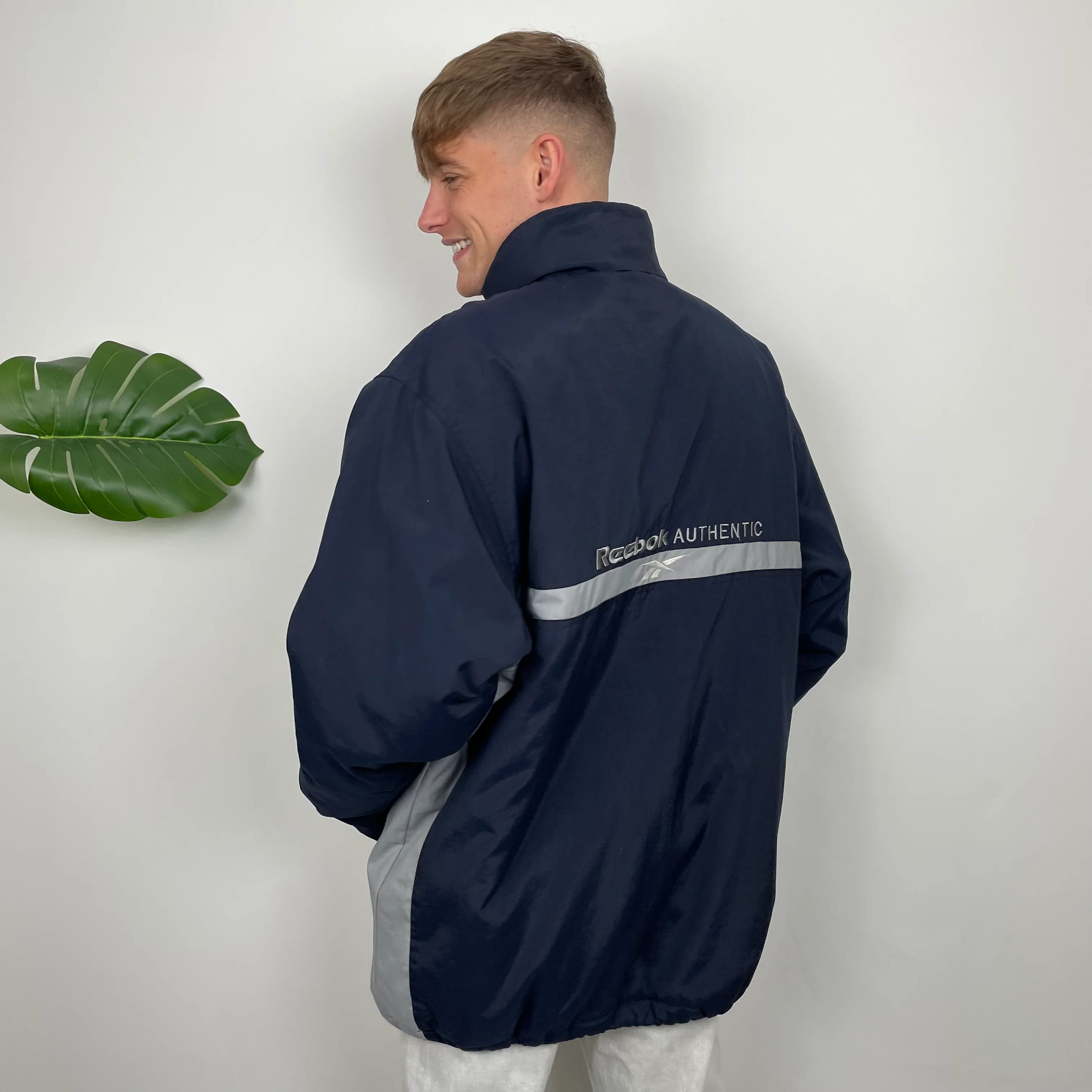Reebok RARE Navy Embroidered Spell Out Padded Jacket (XXL)