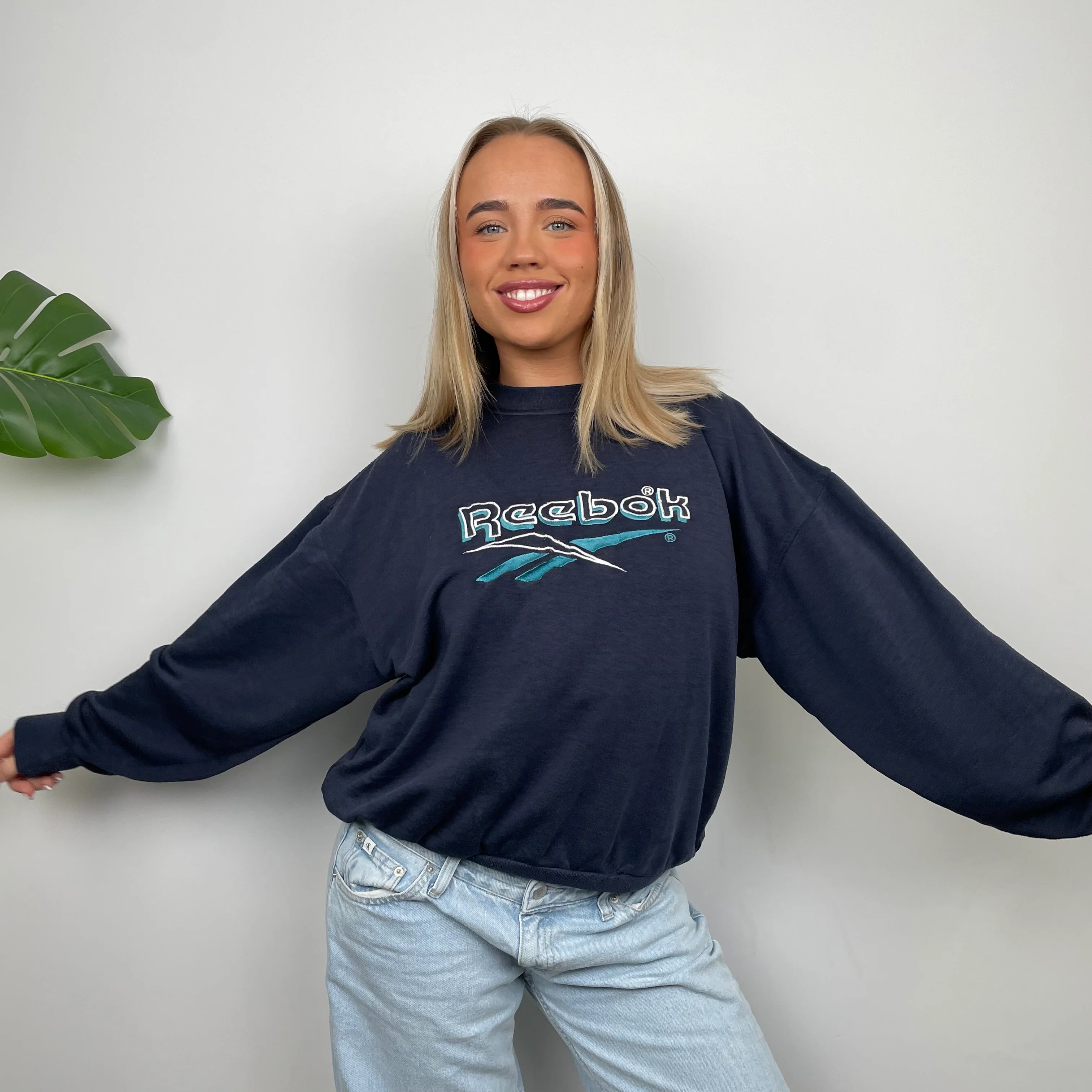 Reebok RARE Navy Embroidered Spell Out Sweatshirt (S) - Image 3
