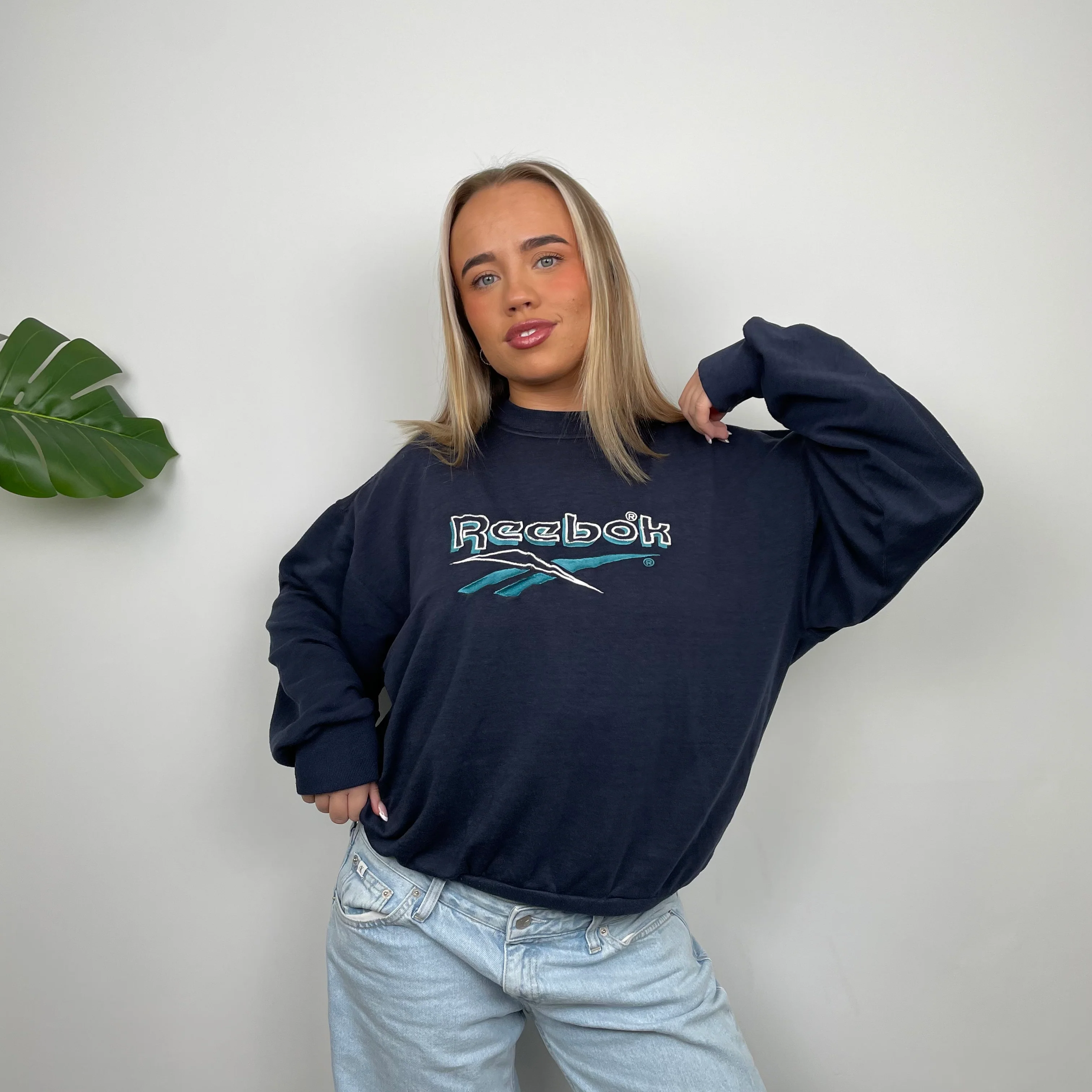 Reebok RARE Navy Embroidered Spell Out Sweatshirt (S) - Image 4