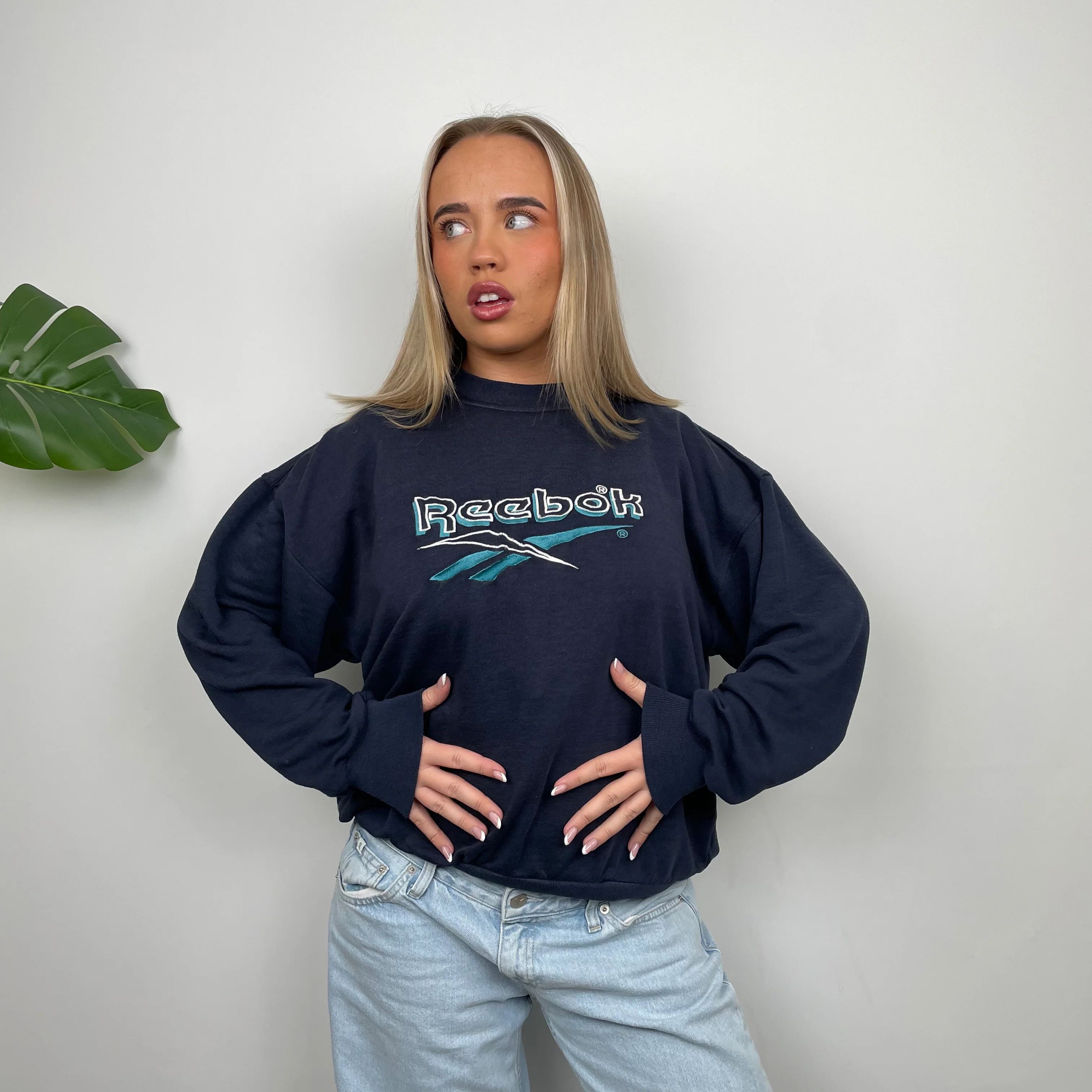 Reebok RARE Navy Embroidered Spell Out Sweatshirt (S) - Image 5