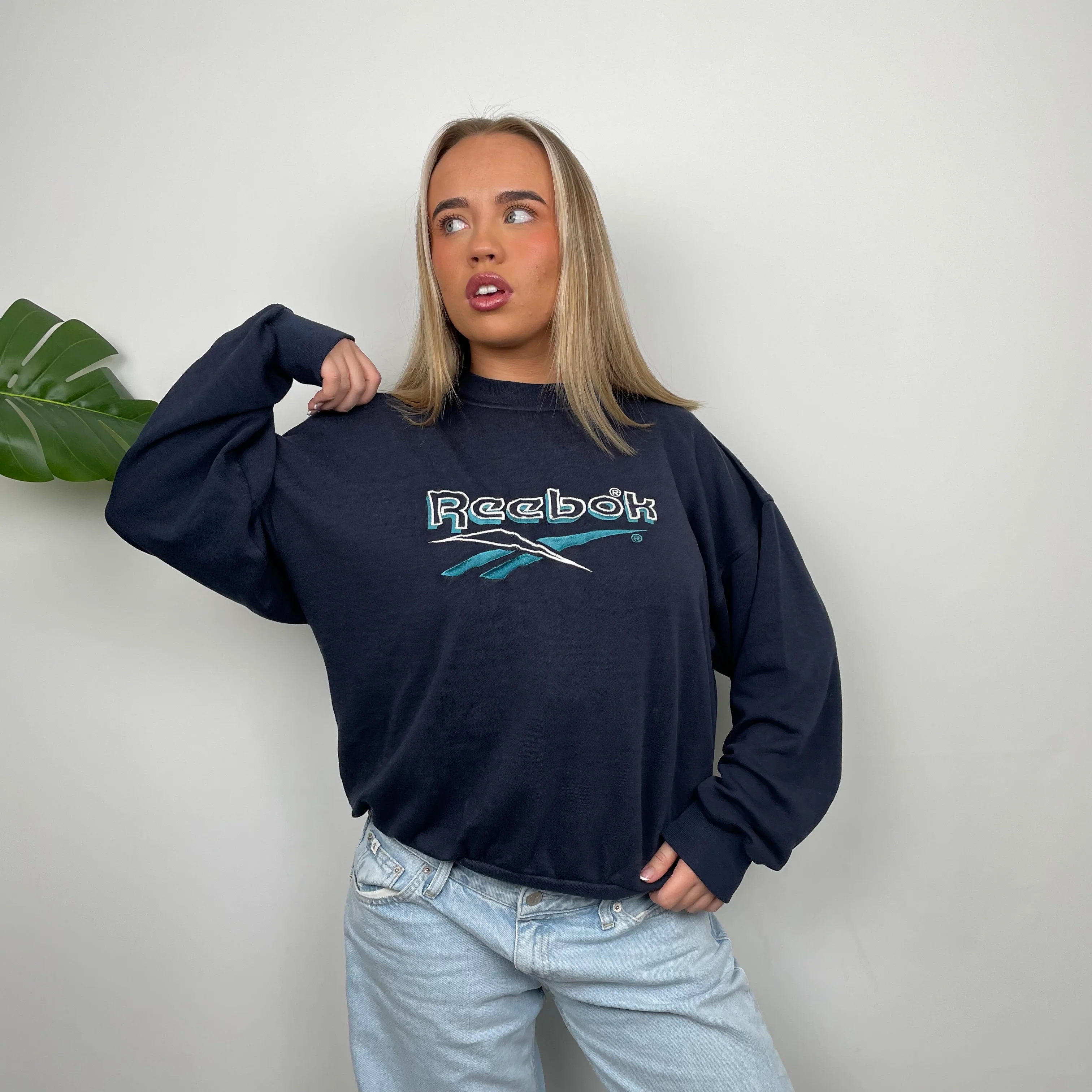 Reebok RARE Navy Embroidered Spell Out Sweatshirt (S) - Image 6