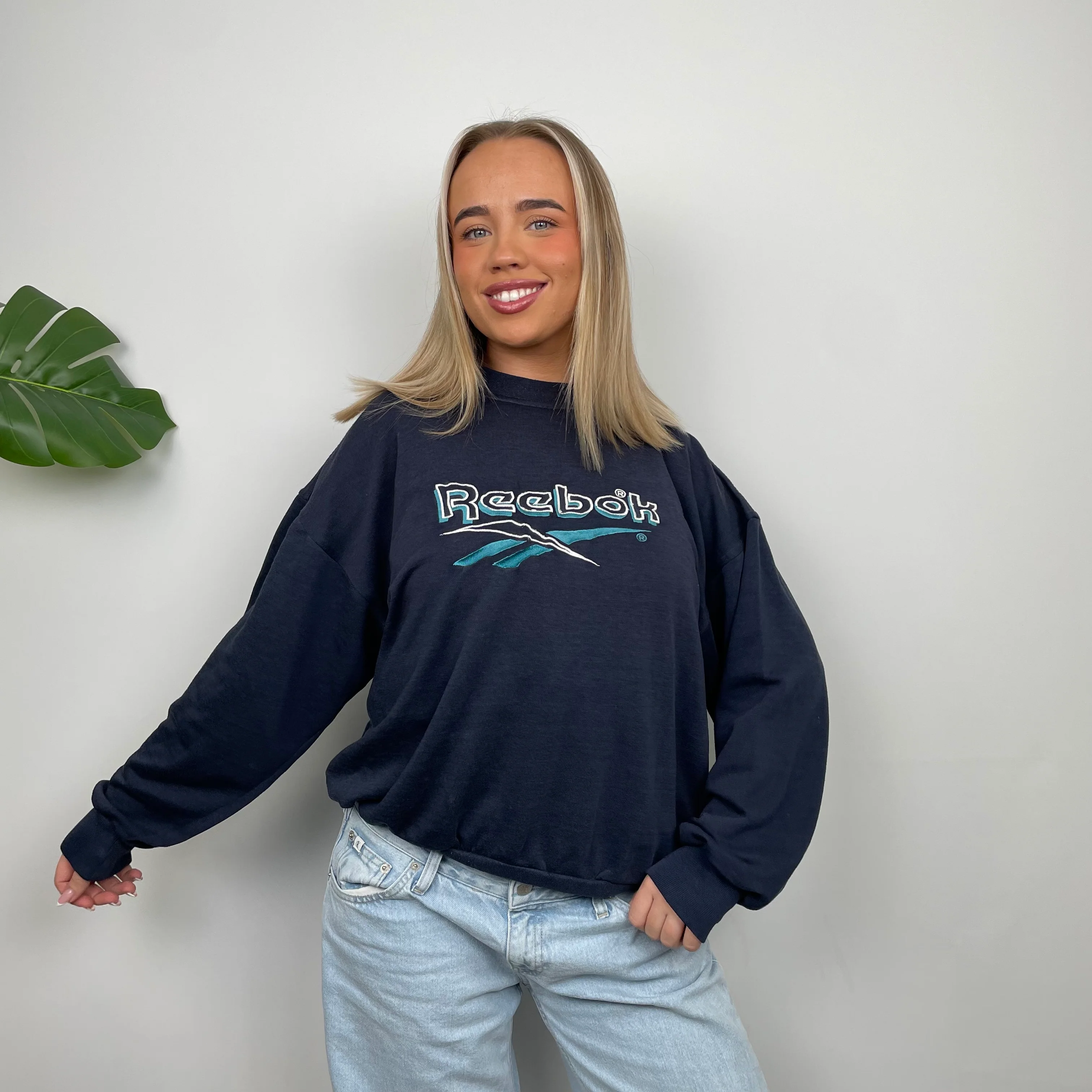Reebok RARE Navy Embroidered Spell Out Sweatshirt (S) - Image 7