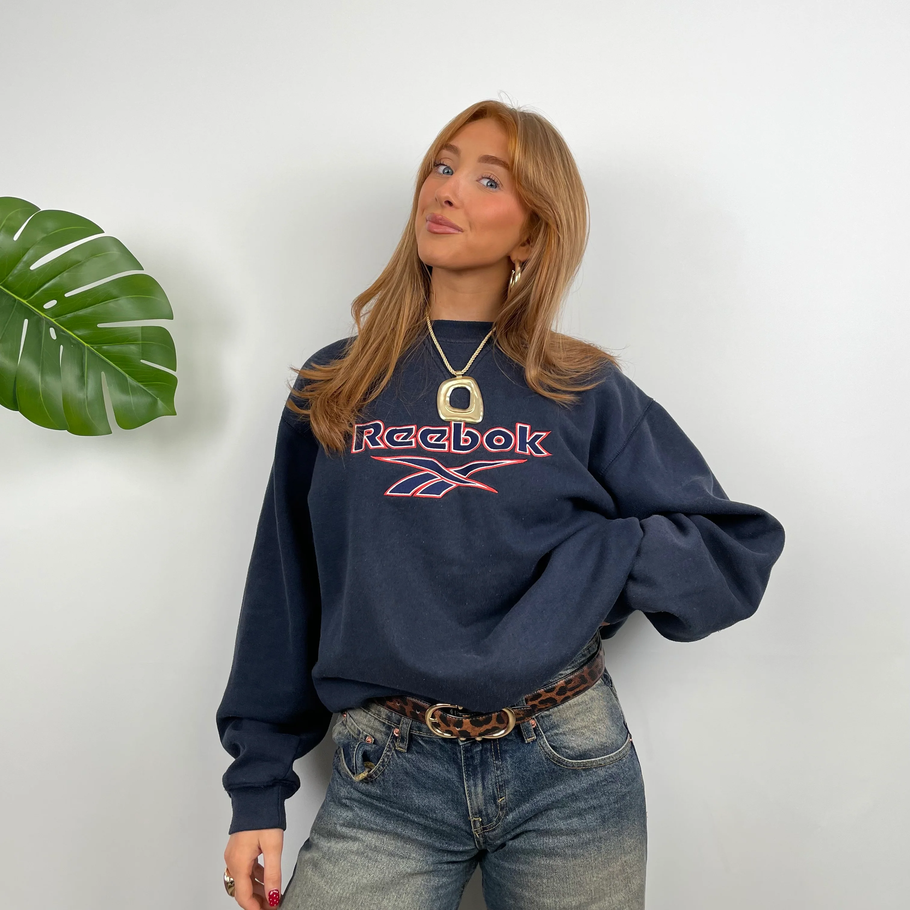 Reebok RARE Navy Embroidered Spell Out Sweatshirt (S) - Image 4