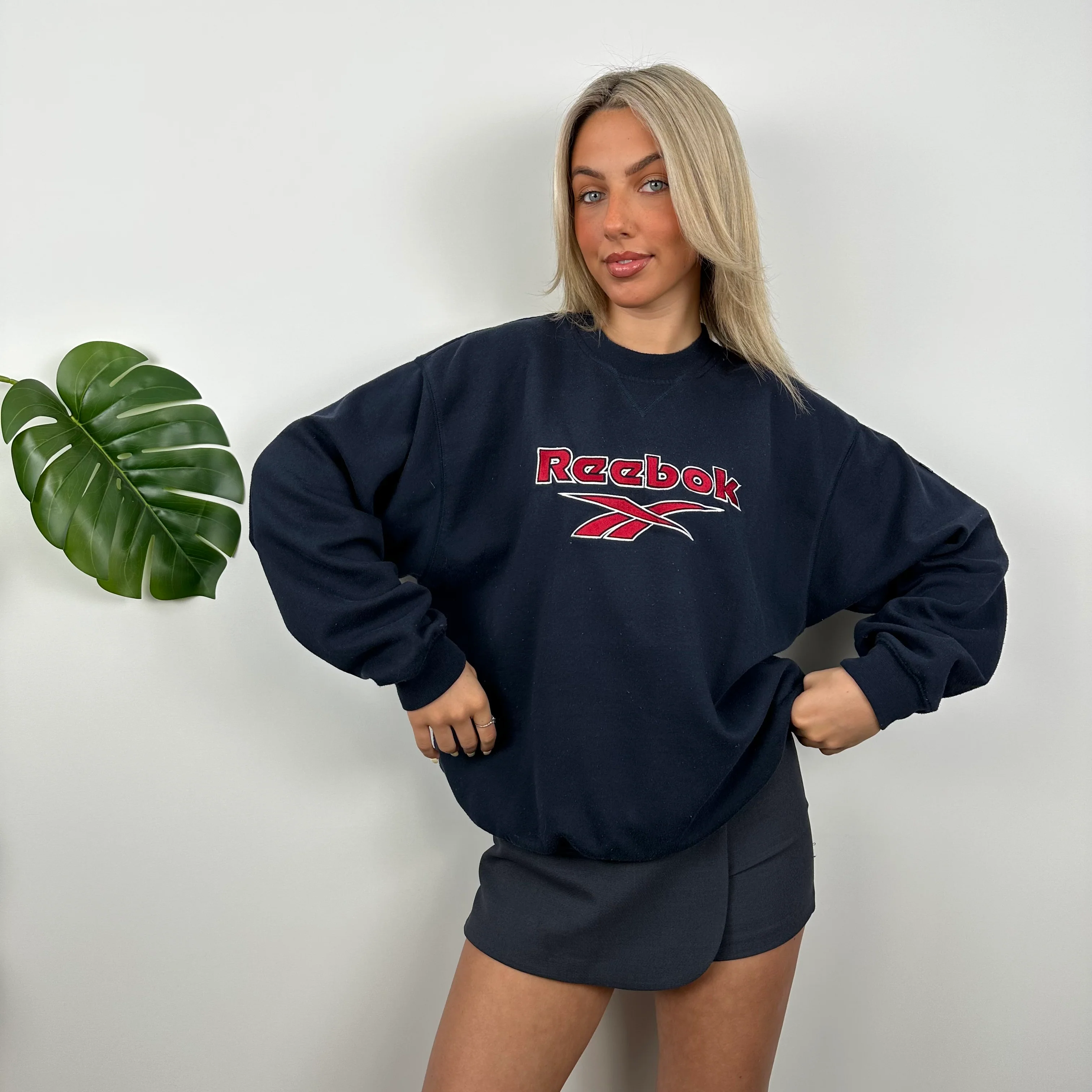 Reebok RARE Navy Embroidered Spell Out Sweatshirt (M) - Image 2